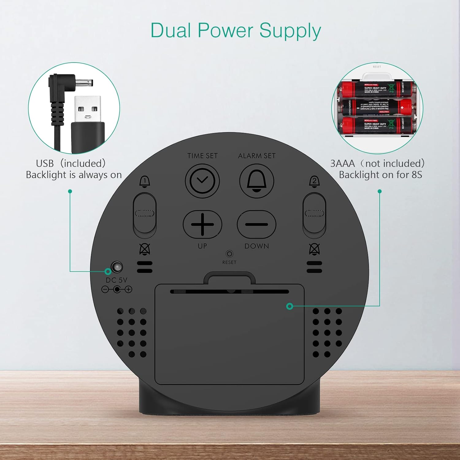 Back of ORIA Digital Alarm Clock showing USB power input and AAA battery compartment