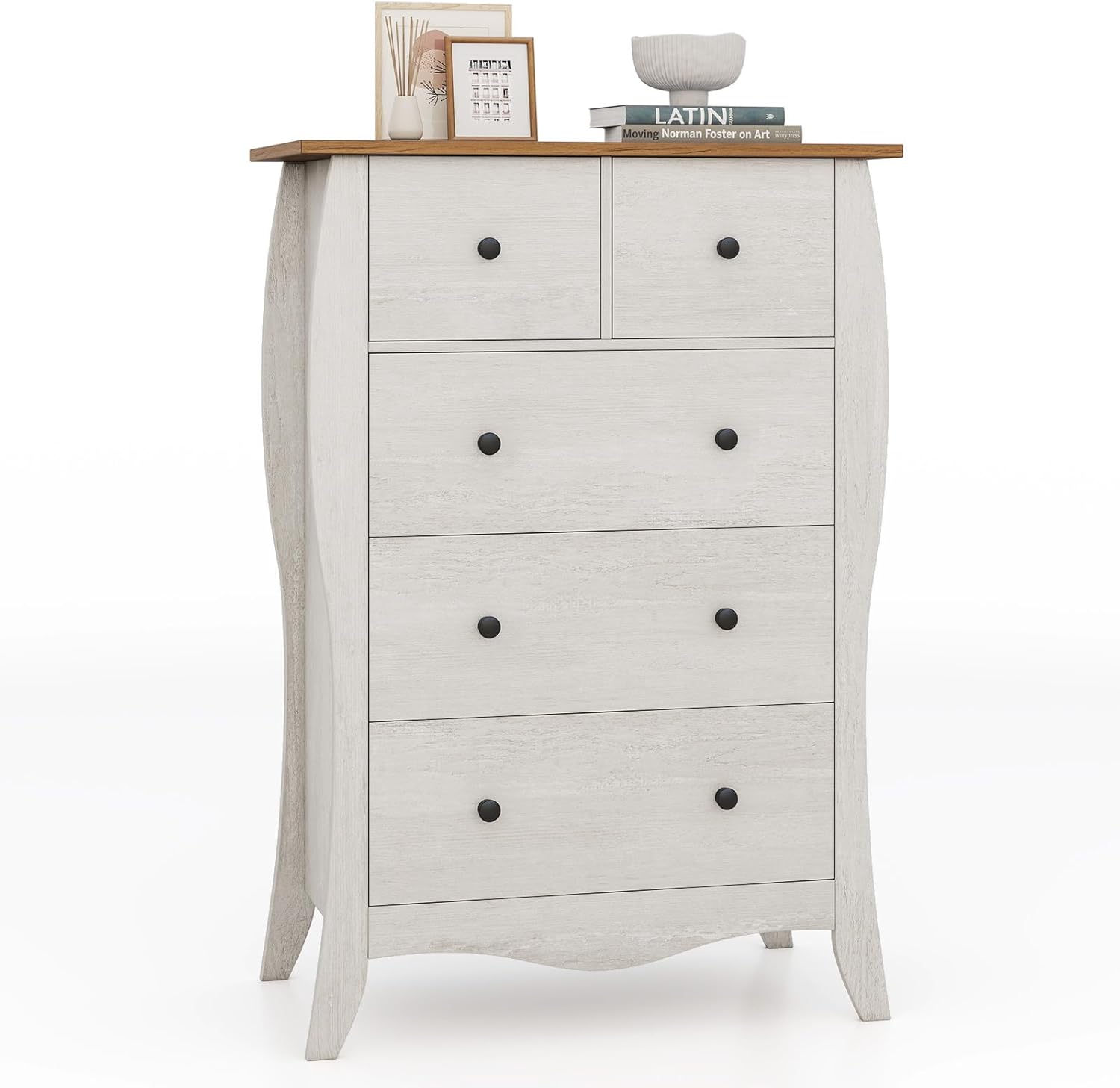 Giantex Storage Cabinet with Foldable & Detachable Fabric Drawers, Anti-Tipping Kit, 26.5” x 15” x 38” Farmhouse Floor Cabinet, 5 Drawer Storage Organizer for Living Room Entryway, Light Grey