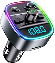 ORIA 35W Bluetooth 5.3 FM Transmitter, Wireless Radio Transmitter Car with 7 LED RGB Colors, Wireless Hands Free Phone Digital Kit, Hands-Free Calls, Music Playing Support TF Card & Disk, Gun Black