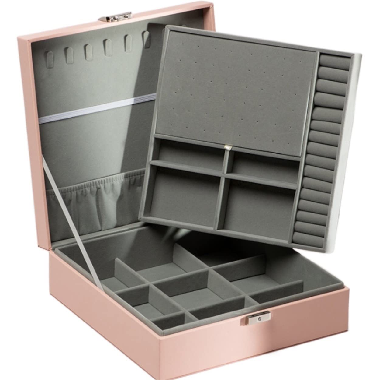 Caja De Joyería Joyero de Viaje de Cuero PU de Lujo, Organizador de Doble Capa, Vitrina para niñas y Mujeres, Almacenamiento de Anillos de Regalo Organizador De Joyas(Pink)