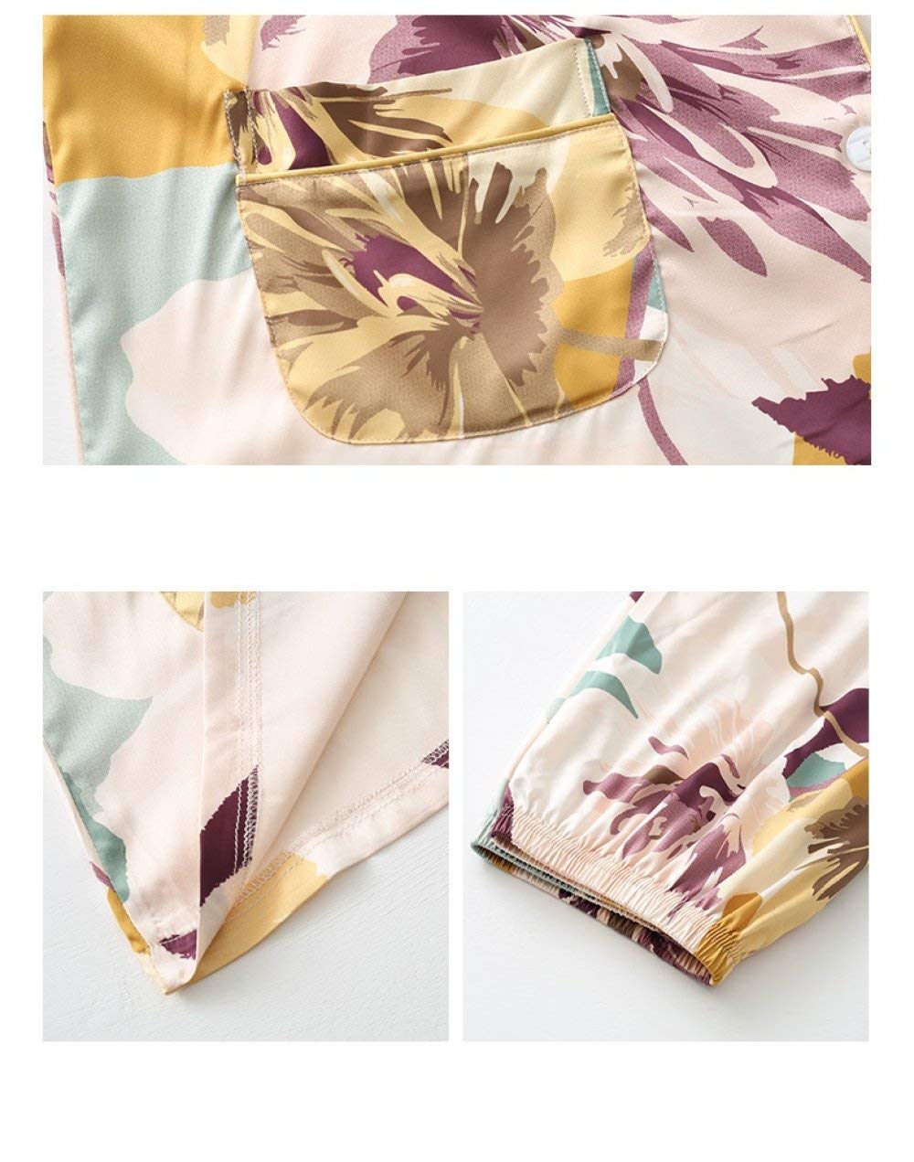 Pijama De Satén para Mujer,Primavera Otoño Mujer Pijama De Seda De Manga Larga con Bolsillos 2 Piezas Ropa De Dormir Suave Elegante Pijama con Botones Estampado De Flores