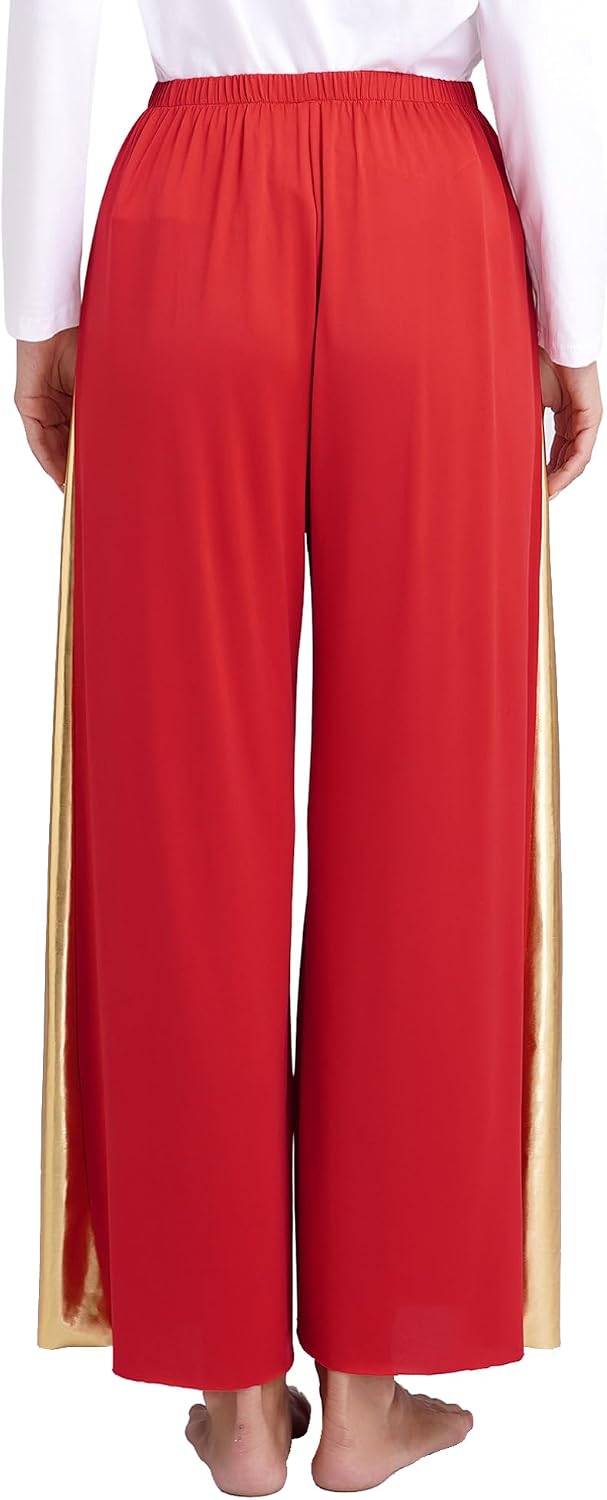 iiniim Praise Dance Palazzo Pants for Women Metallic Patchwork Wide-Leg Trousers Liturgical Dance Pants