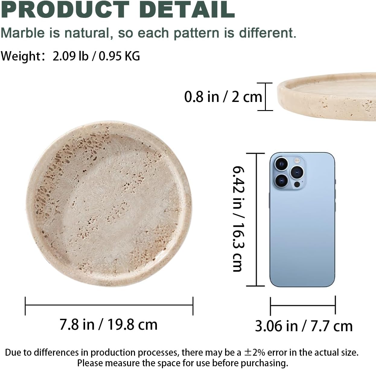 Travertine Tray, 7.8" Round Marble Decorative Trays for Coffee Table, Small Ceramic Vanity Tray for Bathroom Counter Decor (7.8in)