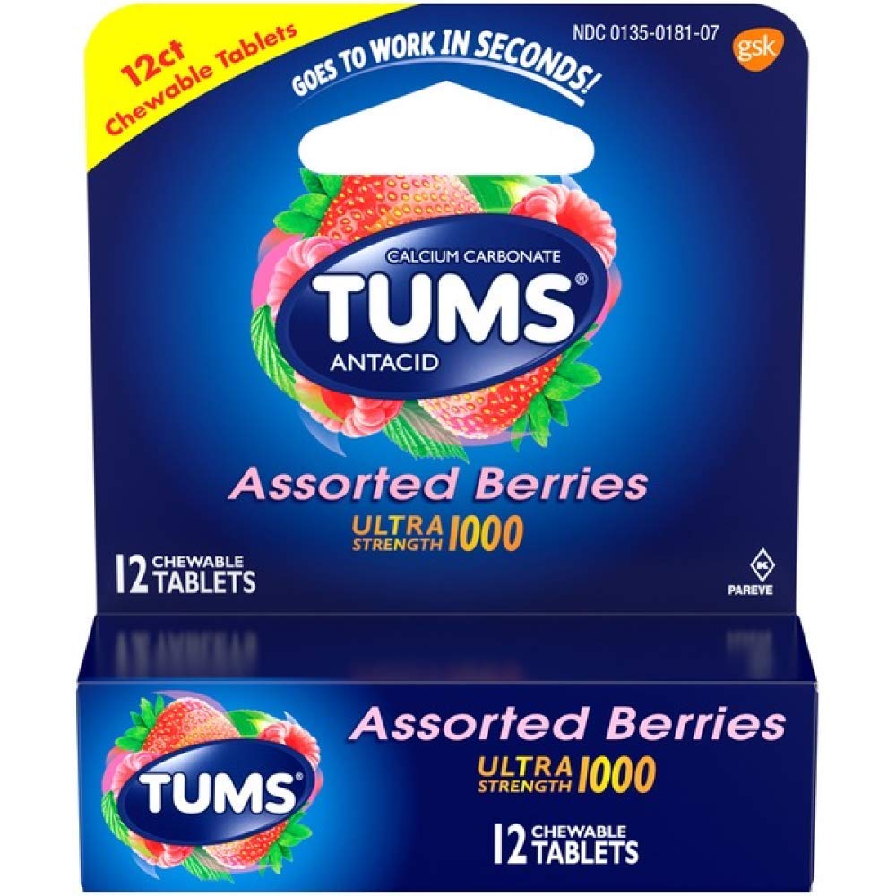 TUMSAntacid Chewable Tablets, Ultra Strength for Heartburn Relief, Assorted Berries, 12 Count
