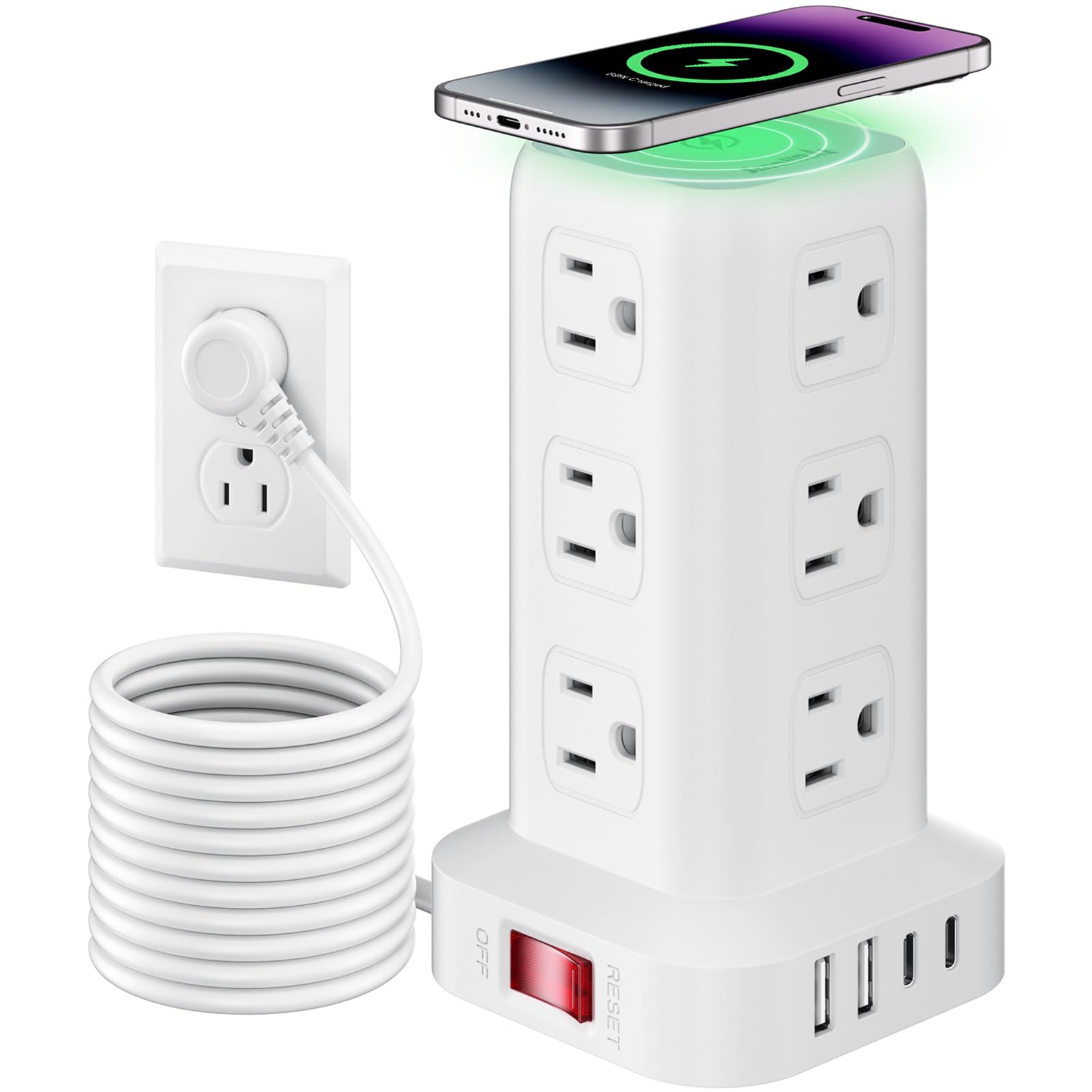 Extension Cord with Multiple Outlets, SMALLRT Power Strip Tower, 10FT Outlet Extender with 12 AC Outlets 4 USB, Power Strip with USB Ports for Home Office Dorm Room,Overload Protection