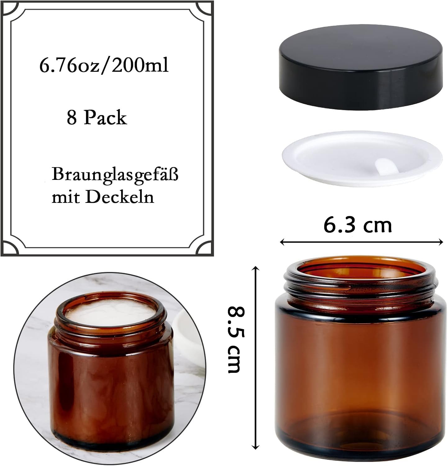 Confezione da 8 barattoli vuoti in vetro ambrato da 200 ml, con coperchio e fodera interna, contenitori per crema ricaricabili per lozioni, oli essenziali, polvere