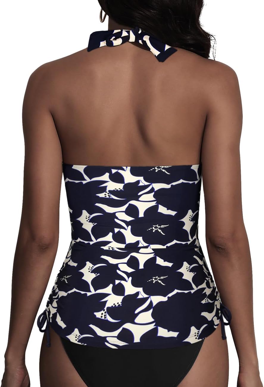 Hilor Women's Plunging V Neck Halter Swim Tops Front Twist Swimwear Shirred Tankini Top - Image 2