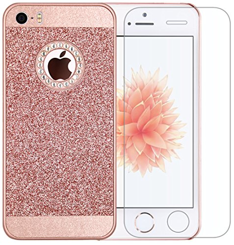 Iphone SE Case, A-Focus Bling Sparkle Glitter Crystal Rhinestone Hybrid Hard PC Cover Case + Tempered Glass Screen Protector for Iphone 5s / SE / 5 (Bling Rose Gold)