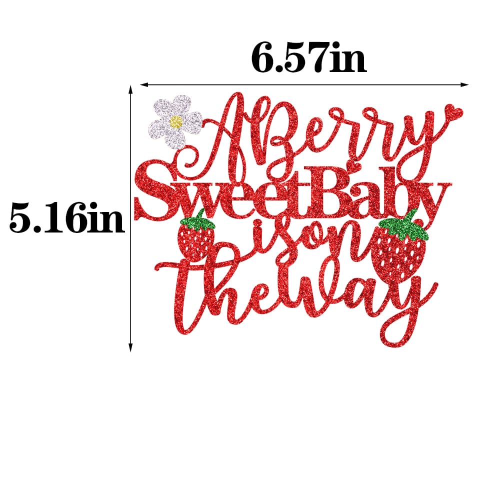 Auteby A Berry Sweet Baby Is On The Way Cake Topper, Red Glitter Strawberry Baby Shower Cake Decoration,Sweet One Cake Topper Gender Reveal Party Decoration