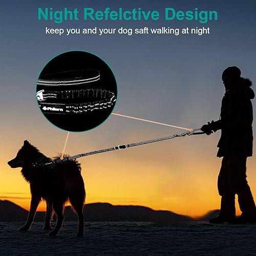 Miniatura 6 de Philorn Correa elástica para perro resistente de 6 a 7 pies de longitud ajustable sin tirones con 2 asas de tráfico acolchadas, hilos reflectantes,