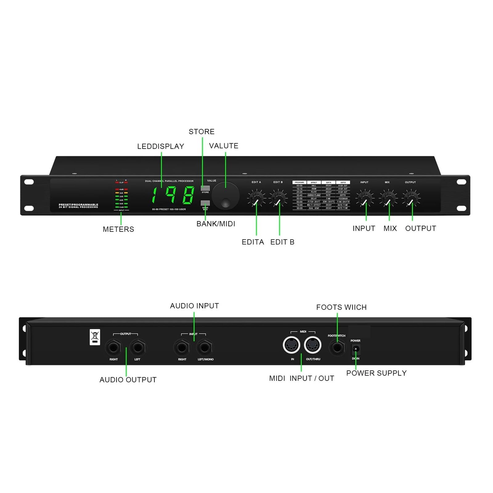 Procesador De Audio Digital Híbrido Multiefectos Reverberación Digital 199 Efectos De Sonido Preestablecidos Procesamiento De Sonido De Elevación
