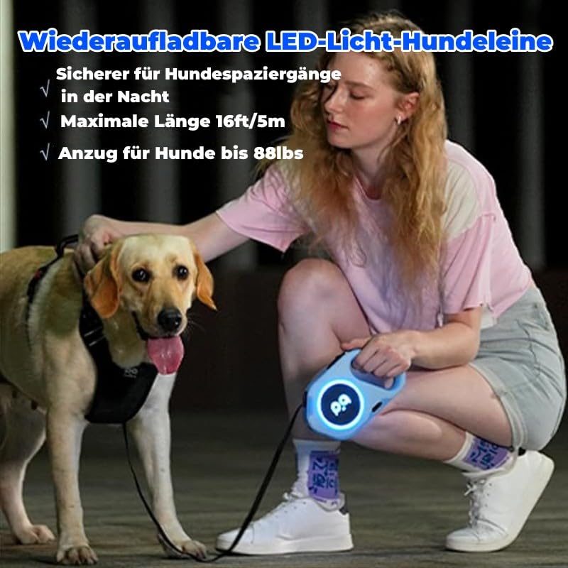 Einziehbare Hundeleine Aufgerüstet Wiederaufladbar mit LED-Licht, Einhandbremse und Entriegelung Verwicklungsfreie Haustierleinen 16ft/5m Nylonband für bis zu 88lbs kleine mittelgroße Hunde (blau)