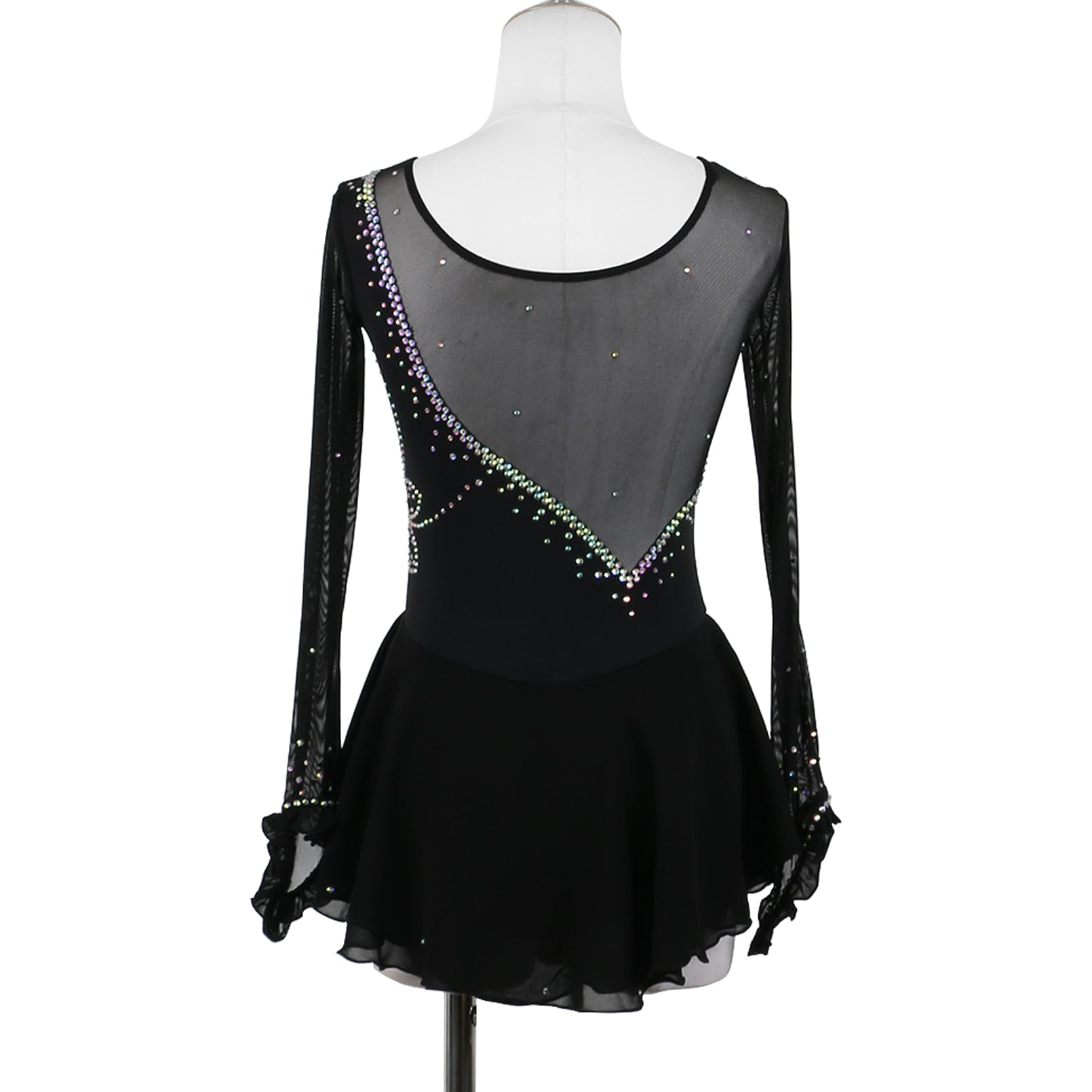 Eiskunstlauf Kleid Schwarz Frauen Mädchen Strass Eislaufen Kleid Langärmelig Figureskates Gymnastik Kürkleid
