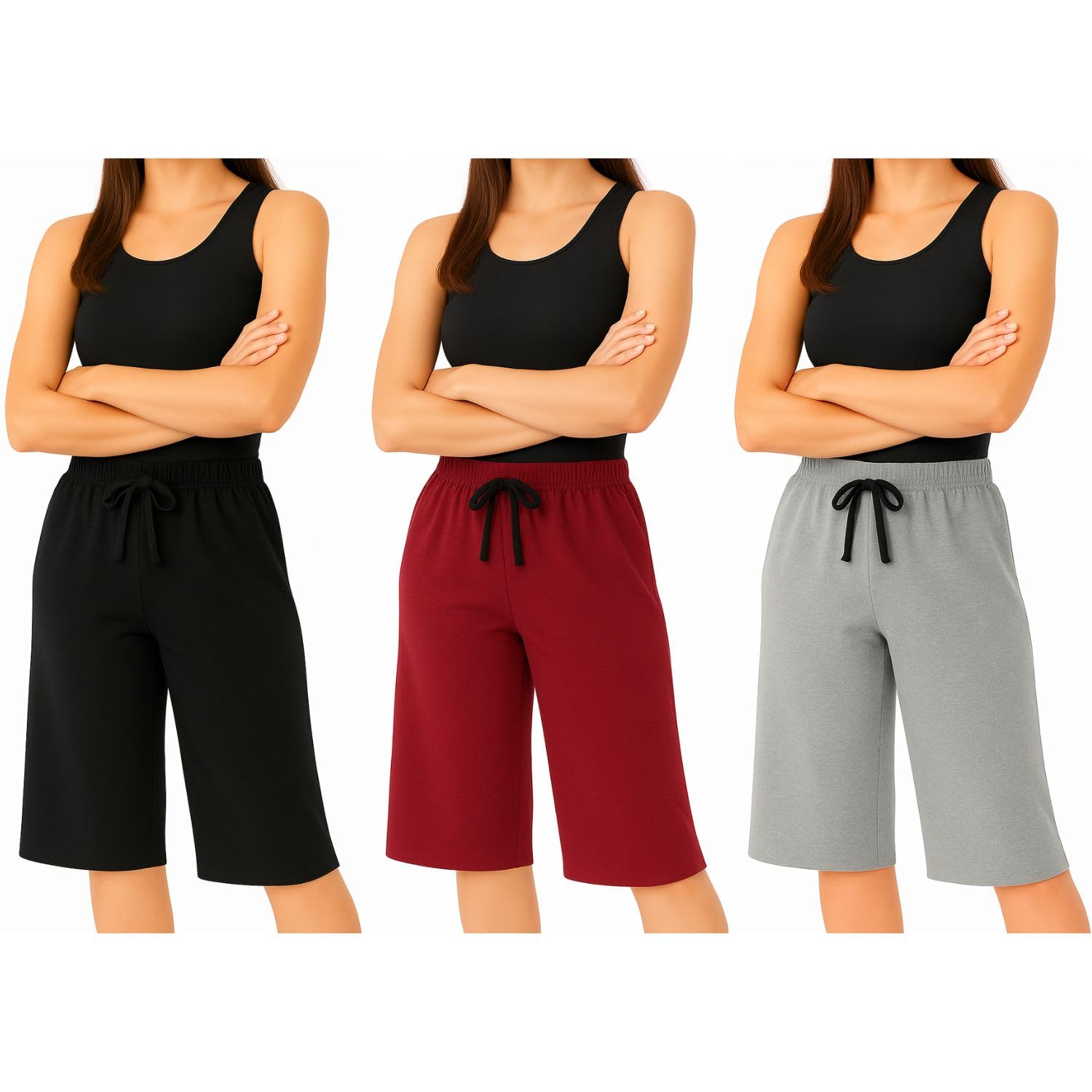 Womens Cotton Plain Loosefit Capri (Black, Grey, Marrone) Combo Pack Of 3-image-49