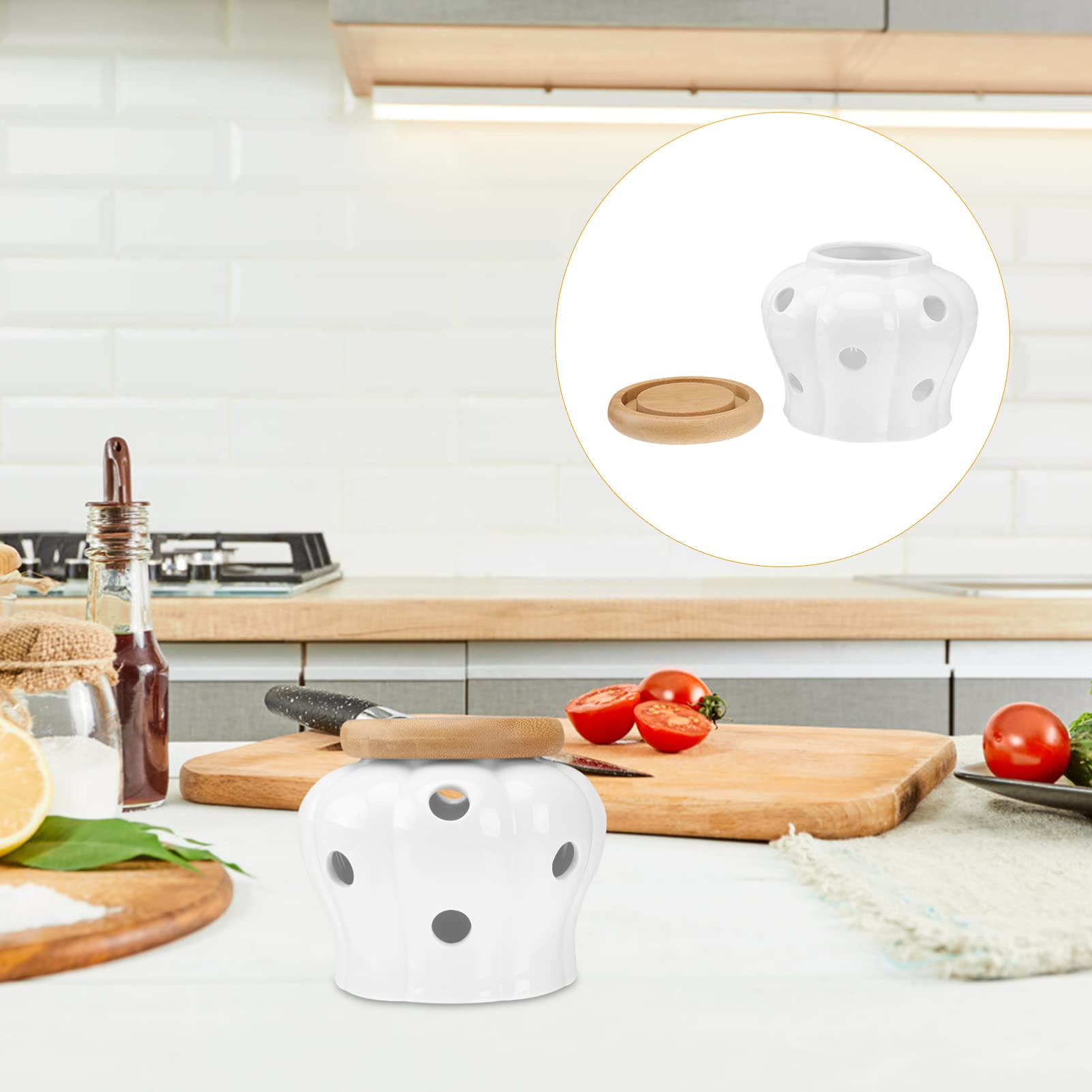 Yardwe Keramik Zwiebeltopf Knoblauch Vorratsdose mit Holz Deckel Kartoffeltopf Vorratstopf Vorratsbehälter Keramikdose Knoblauchtopf Zwiebeln Dose Kartoffeln Behälter für Ingwer Container