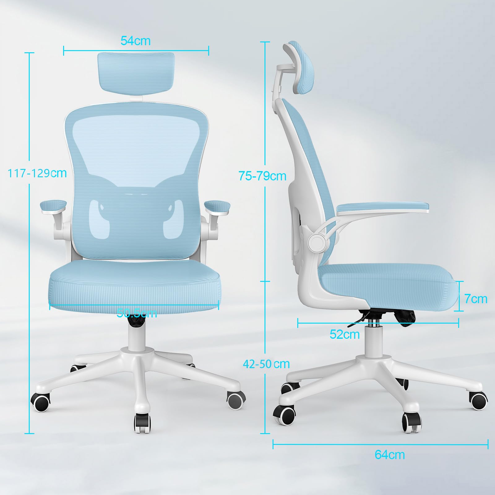 rattantree Sedia da Ufficio con Supporto Lombare, Sedia Ufficio Ergonomica con Braccioli Regolabili in Rete Traspirante, Altezza Regolabile e Schienale Inclinabile (con poggiatesta, Blue)