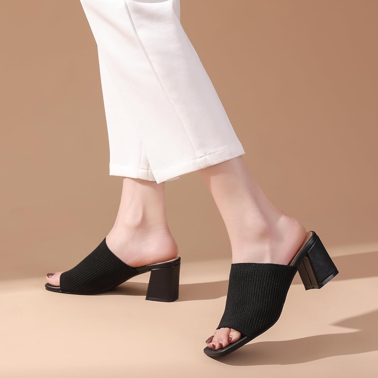 Tilocow Knit Heeled Sandals for Women, Square Open Toe Heels Sandals, Chunky Block Low Heel Slip On Mules - Image 2