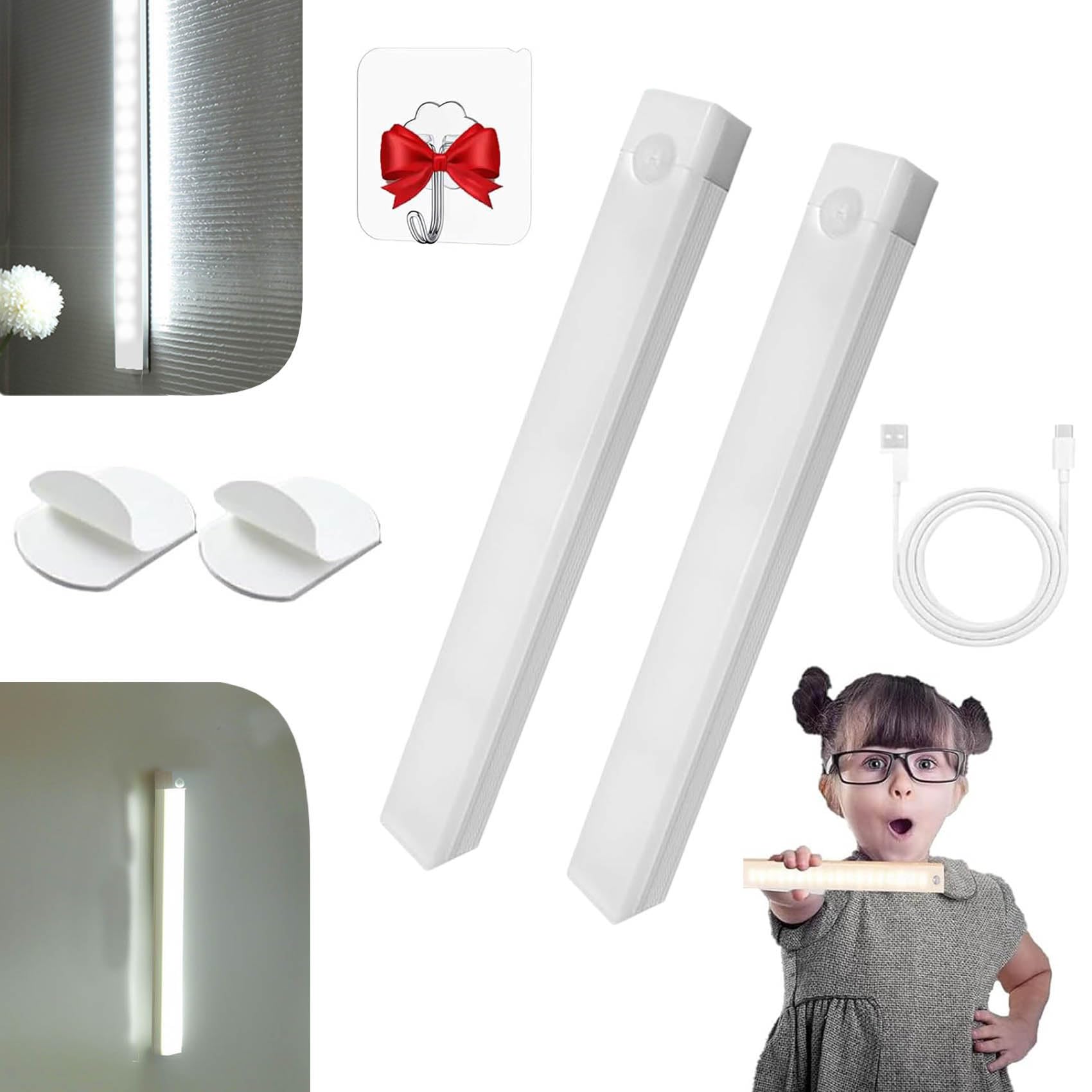 Zhkvag White Punch-Free Smart Sensor Magnetic Rechargeable Led Lights, 4 In Motion Sensor Light Indoor, Rechargeable Motion Activated Cabinet Lights, Cordless Under Cabinet Bedroom Stair Led Lighting (,2)