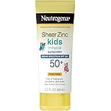 Neutrogena Sheer Zinc Oxide Kids Mineral Sunscreen Lotion, Broad Spectrum SPF 50+ with UVA/UVB Protection, Water-Resistant for 80 Minutes, Paraben-, Dye-, Fragrance- & Tear Free, 3 fl. oz