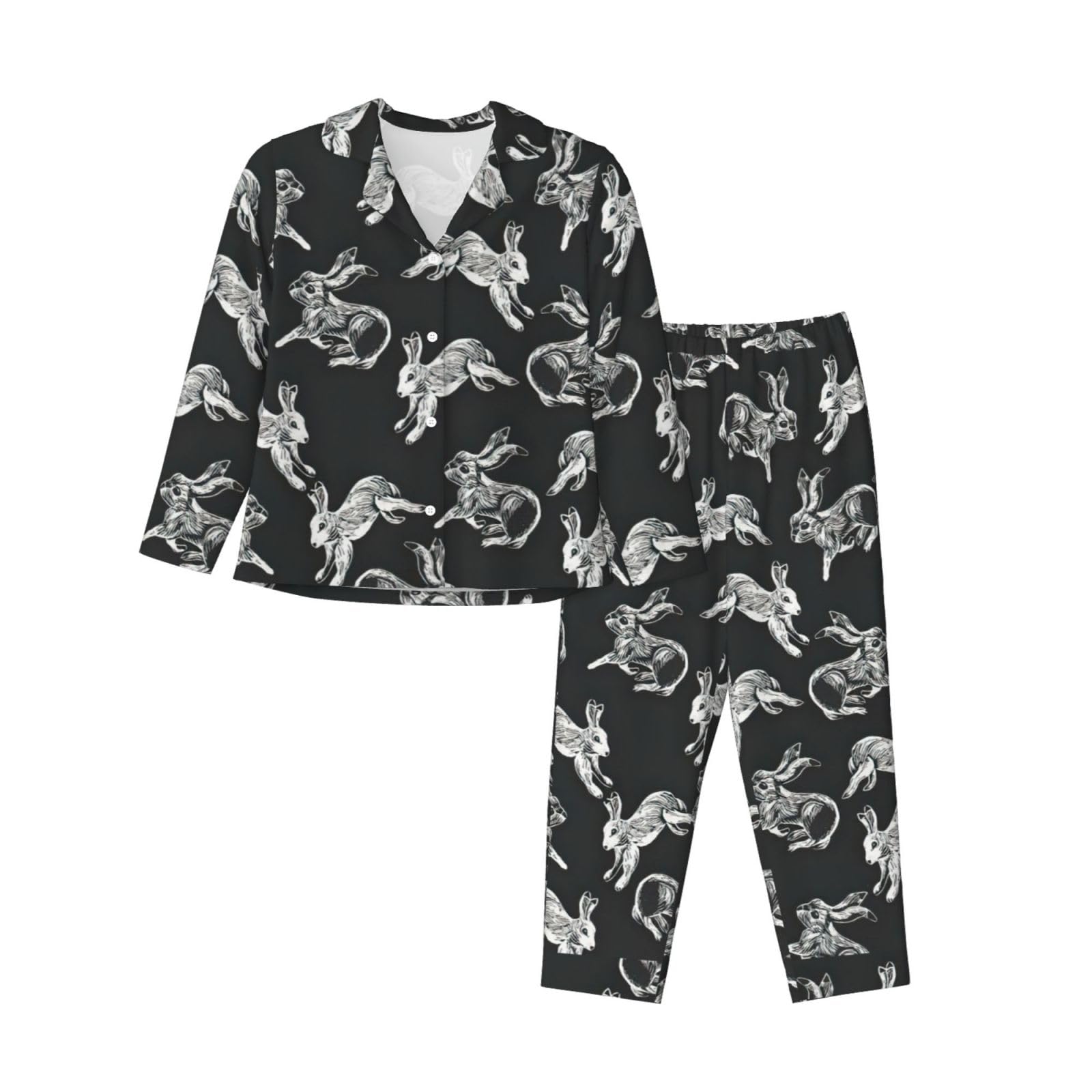 Bunny Rabbit Print Women'S Pajama Set, Long Sleeve Button Down Pjs Sleepwear, Cozy Lounge Nightwear, Black, M