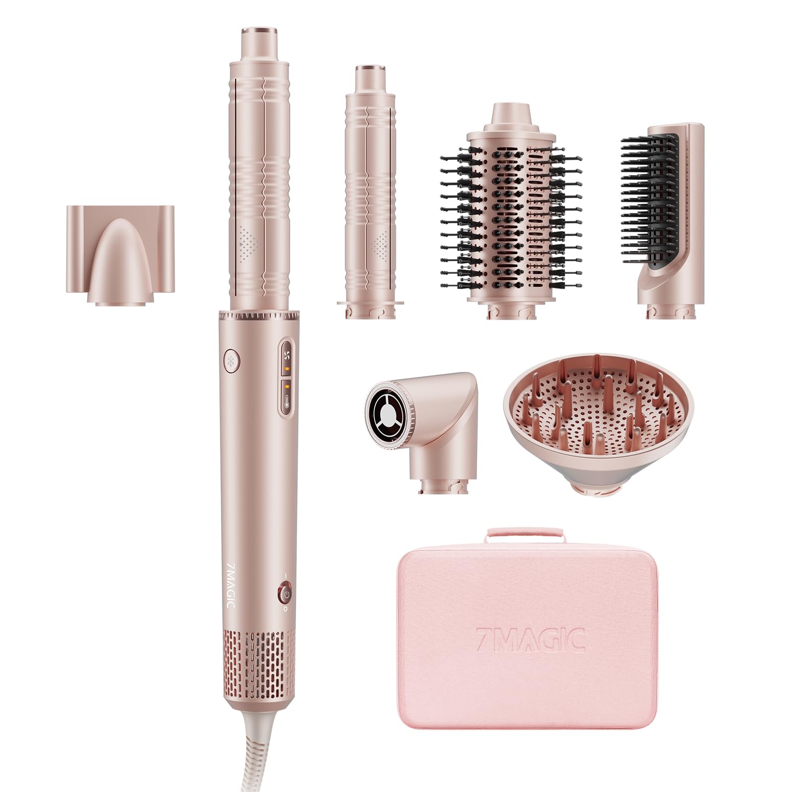 7 in 1 Airstyler, Föhn mit Diffusor, lockenstab Automatisch, Auto-Styling | Warmluftbürste, Ohne Extreme Hitze, Ionen, Coanda, Überhitzungsschutz, Schnellföhnen,Volumen, Glätten,Locken,Reisebox, Rosa