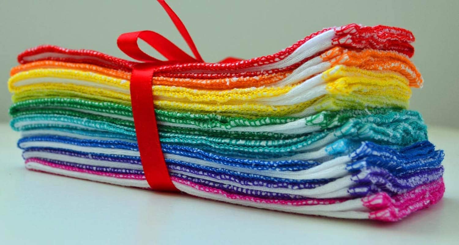 Gina's Soft Cloth Shop 2 Ply 11x12 Inches White Cotton Birdseye Paperless Towel Set of 10 Rainbow Assortment - Proudly Made in the USA!
