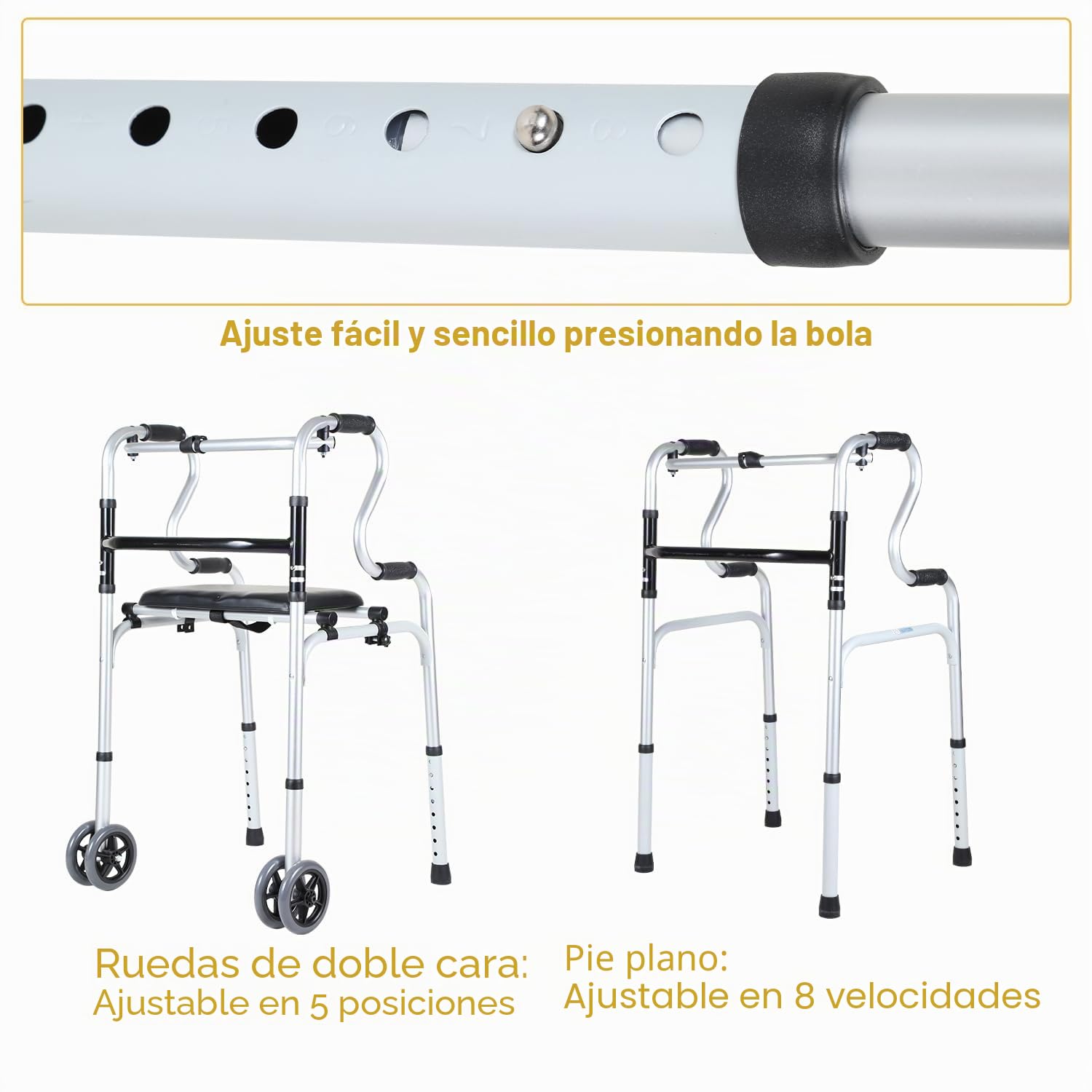 Eulenke Andador para personas mayores, caballete plegable con 2 ruedas, altura regulable, aluminio, antideslizante, estable, hasta 180 kg, color plateado