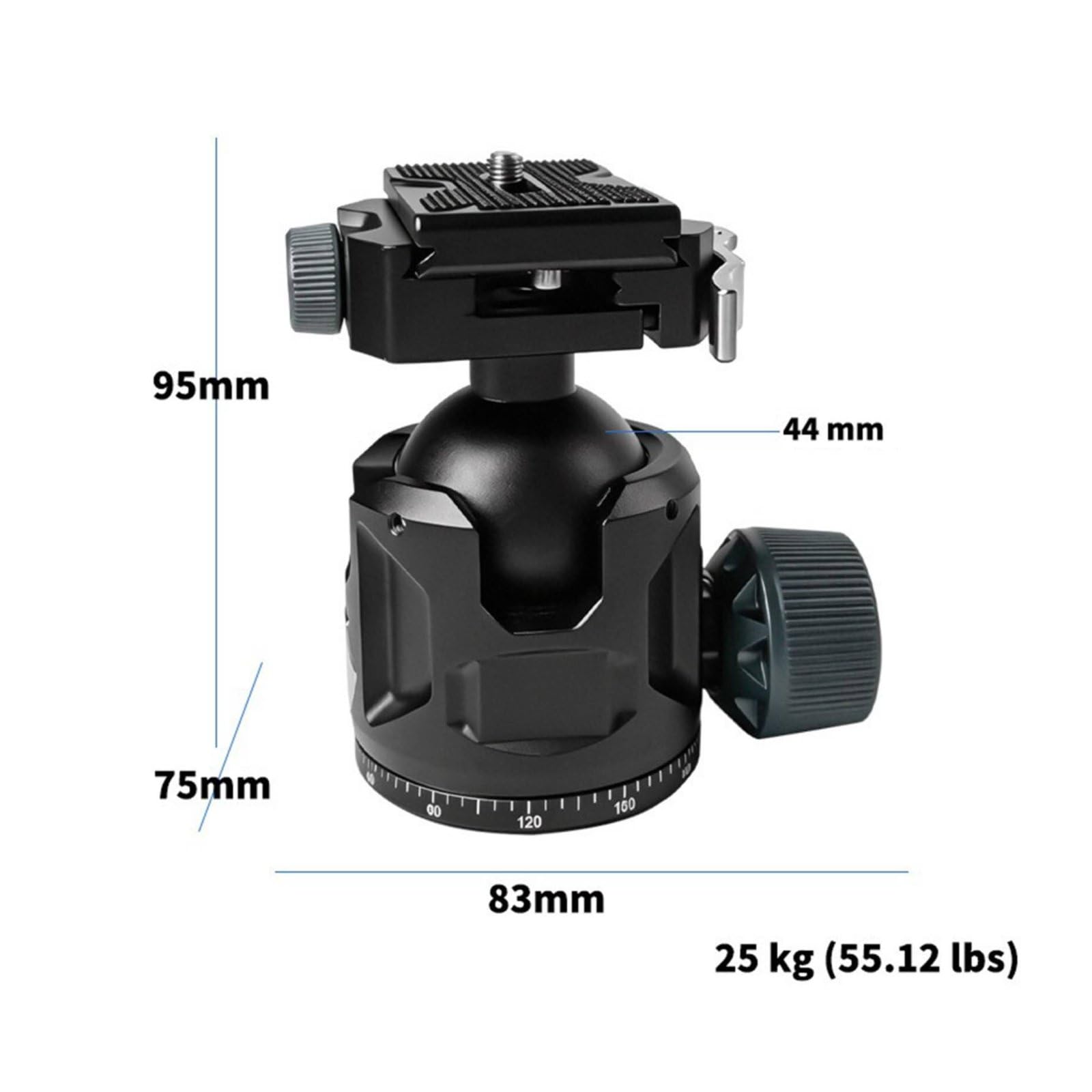 Tête de Trépied Appareil Photo Rotation 360 Panoramique Rotule Bille Base Rapide Alliage d'Aluminium 25kg Pas de Vis 3/8 Pouces Compatible, Small Gimbal