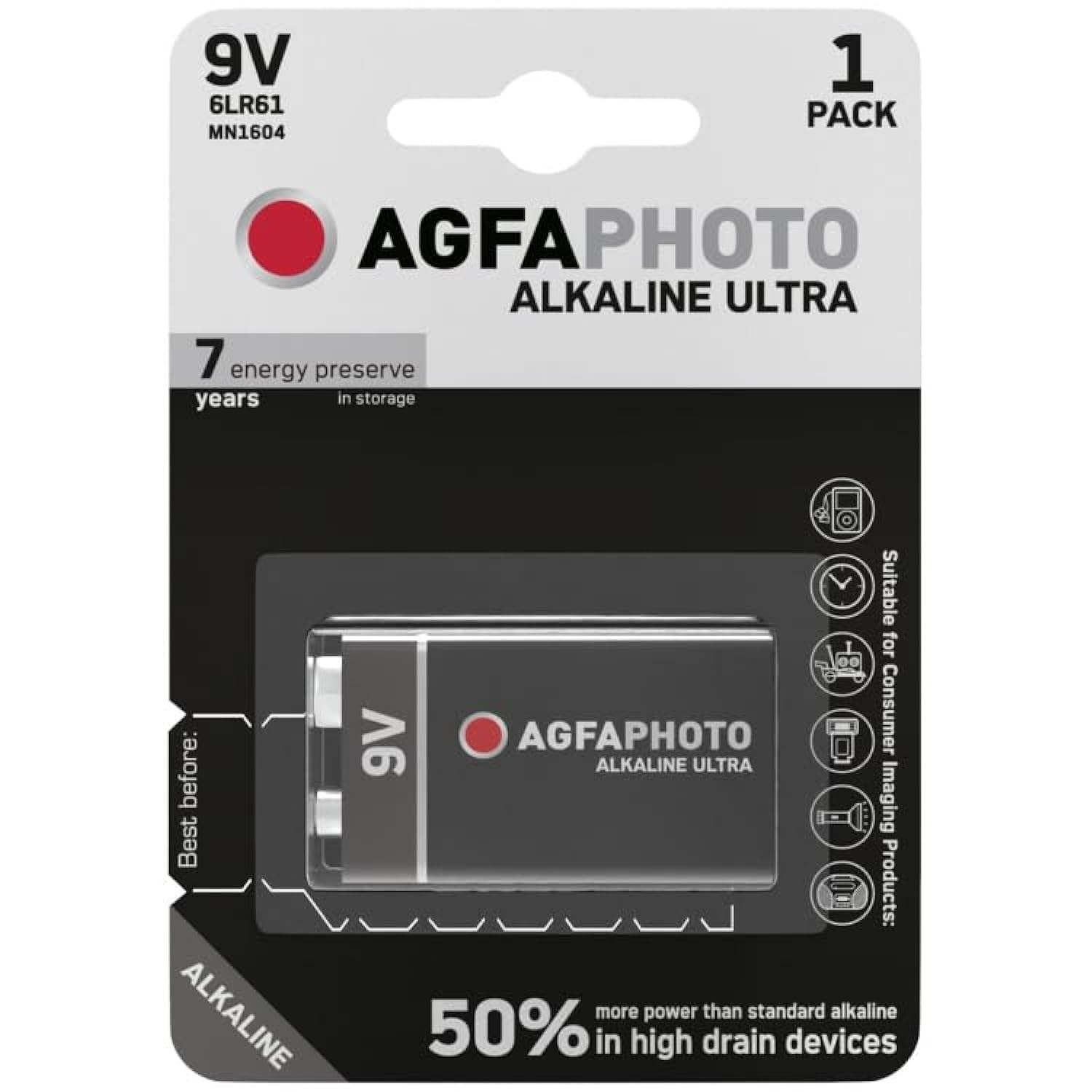 AGFAPHOTO Ultra Alkaline Battery for Reliable and Long Lasting Power (9V, Pack of 1)