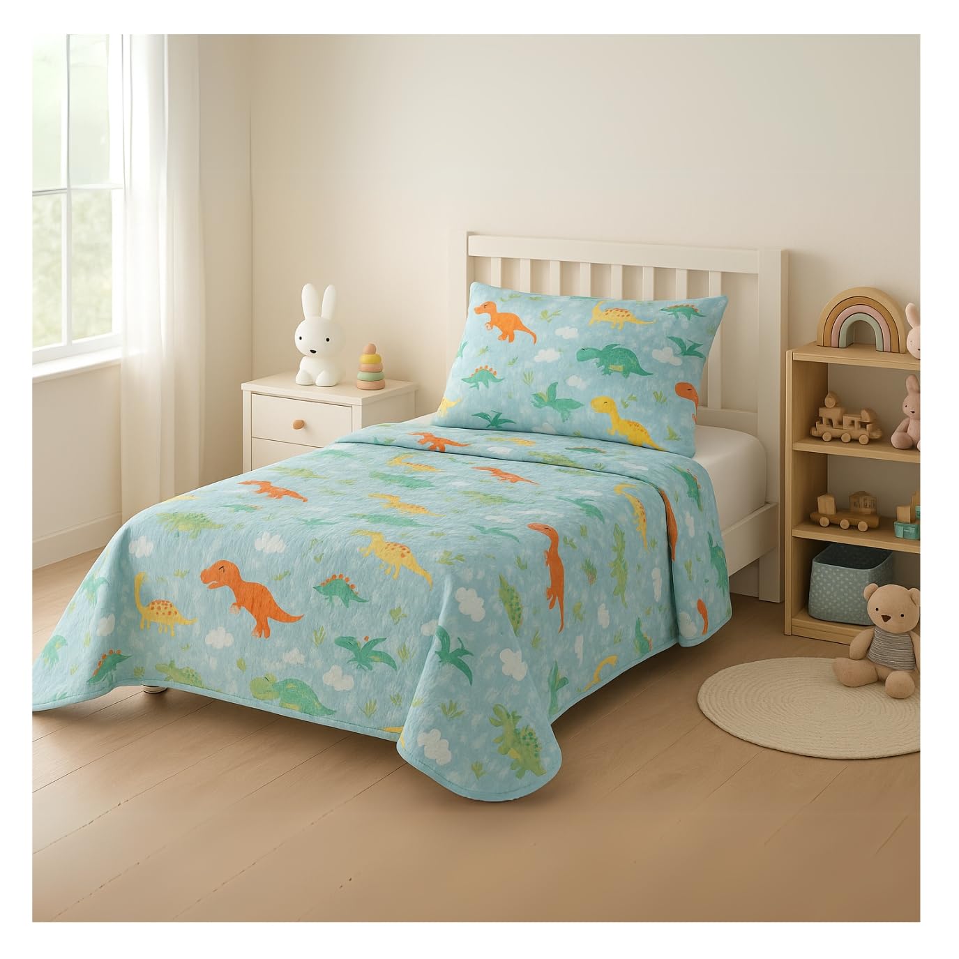 DECASATEXTIL - Colcha Infantil Cama 90 con Funda de Cojín – Colcha de Verano Transpirable y Ligera – Ropa de Cama para Niño y Niña – Colchas Lavables para Primavera Verano (JURASICO Cama 90/105)