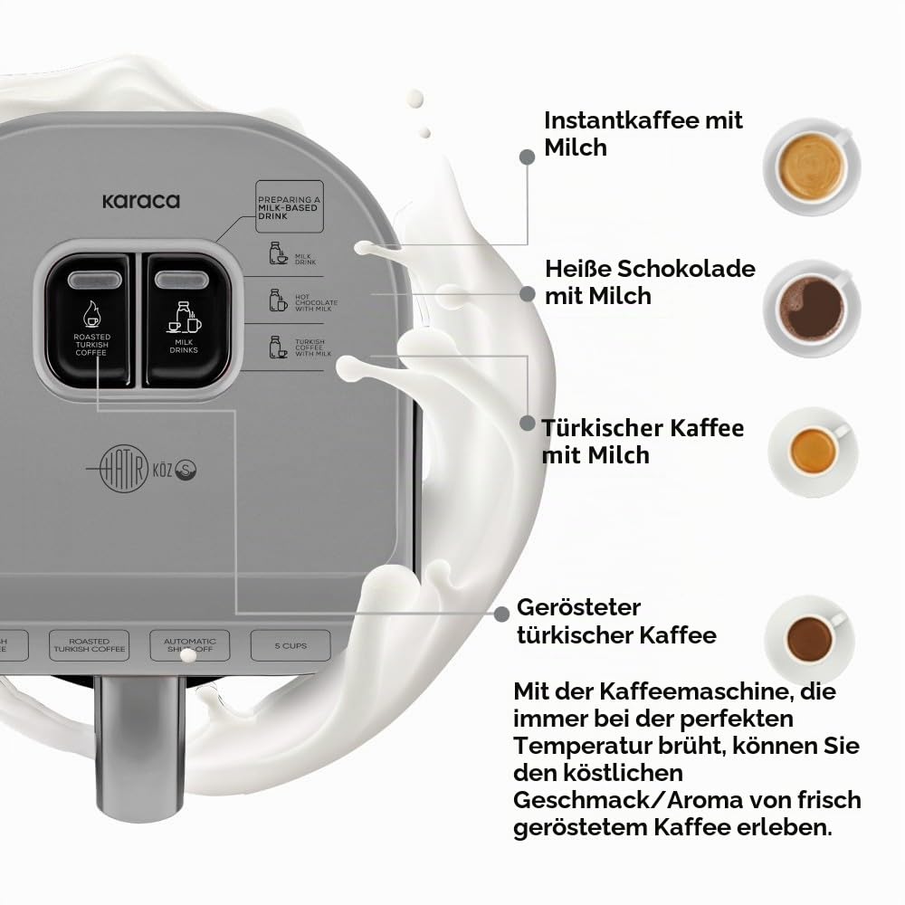 KARACA Hatır Köz Milky Türkische Kaffeemaschine, Traditionelle Türkische Kaffeemaschine, 5 Tassen, Ember-Style Brew, Milch & Hot Chocolate Modi, Anti-Überlauf, Automatische Abschaltung, Galaxy Grey
