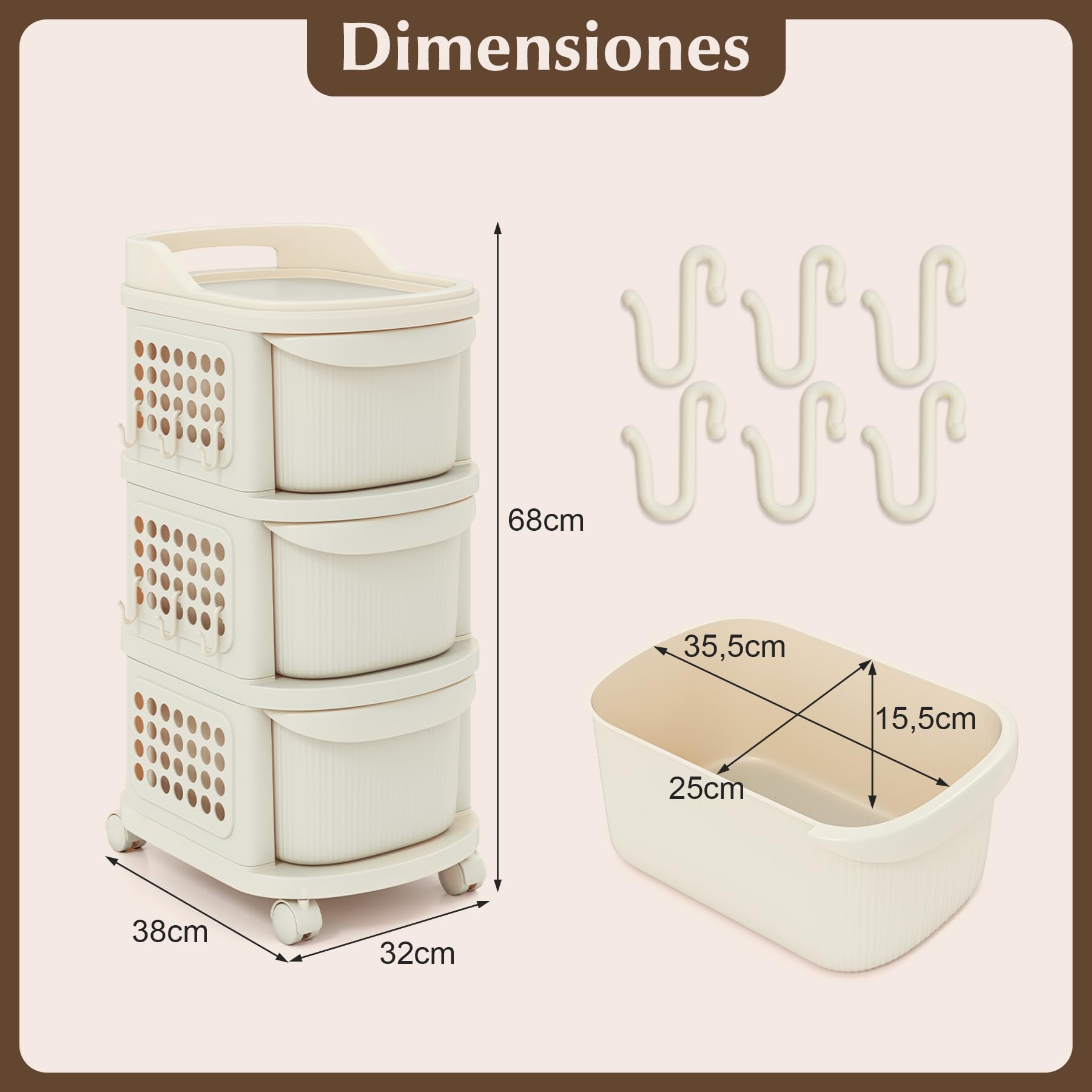 GOPLUS Carrito de Almacenamiento de 3/4 Cajones, Cajonera de Plástico con Ruedas Universales, 6 Ganchos, Panel Perforado y Asa, Carro Organizador Móvil para Salón Cocina Oficina (38 x 32 x 68 cm)