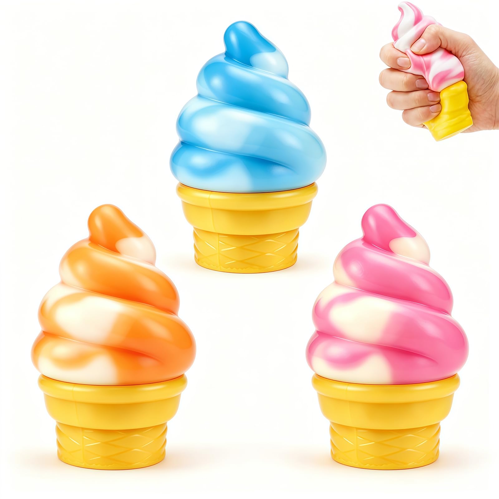 3 Pcs Ice Cream Cone Squishy Toy, Taba Squeeze Packs Stress Relief Fidget Toy, Summer Party Favors Novelty Sensory Toys for Anxiety Relief, Cute Food-Shaped Desk Toy for Adults