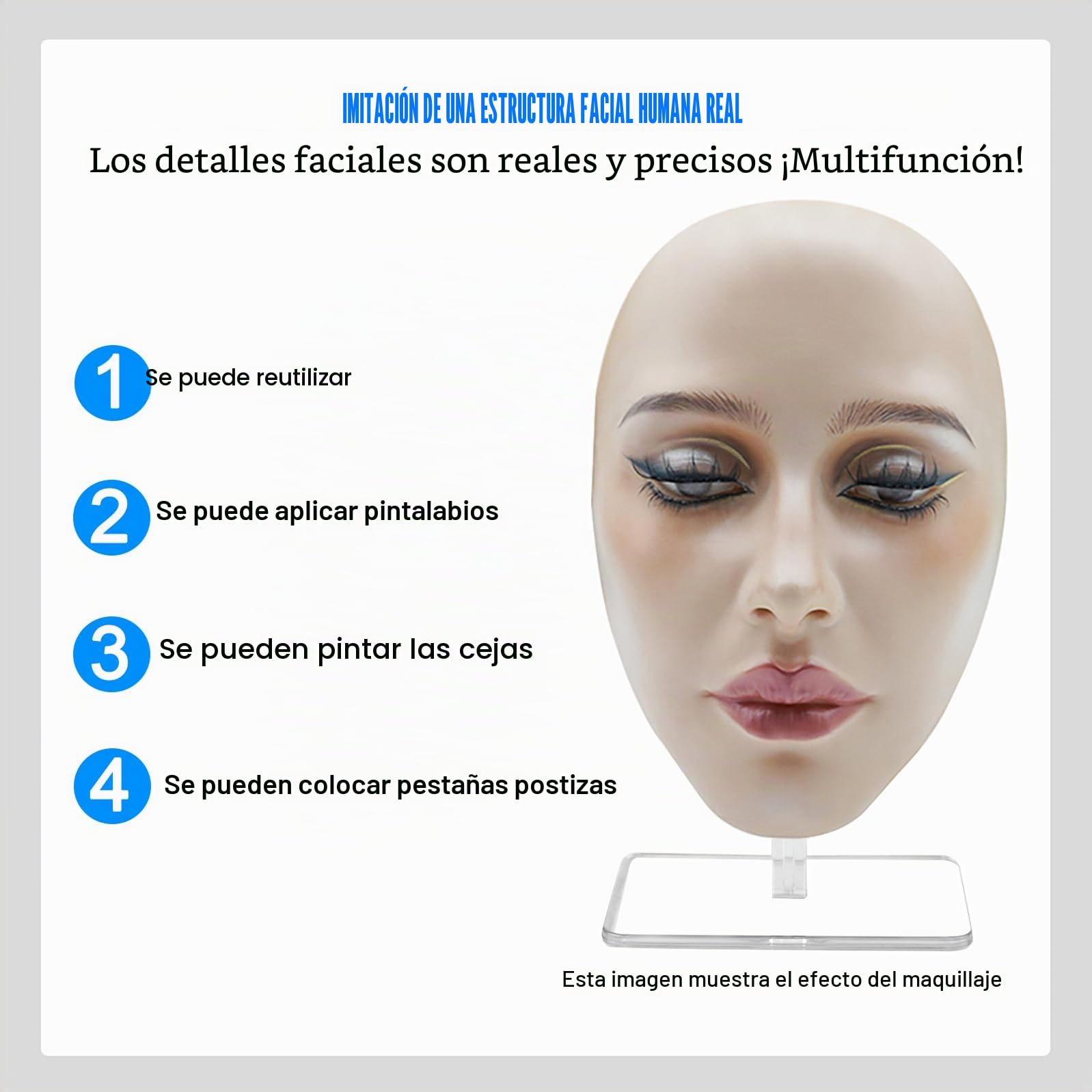 Cara de ejercicios de maquillaje de silicona: cabezal de ejercicio reutilizable con soporte, extensión de pestañas, práctica de cabeza de maniquí, para todo el rostro de pintura facial natural