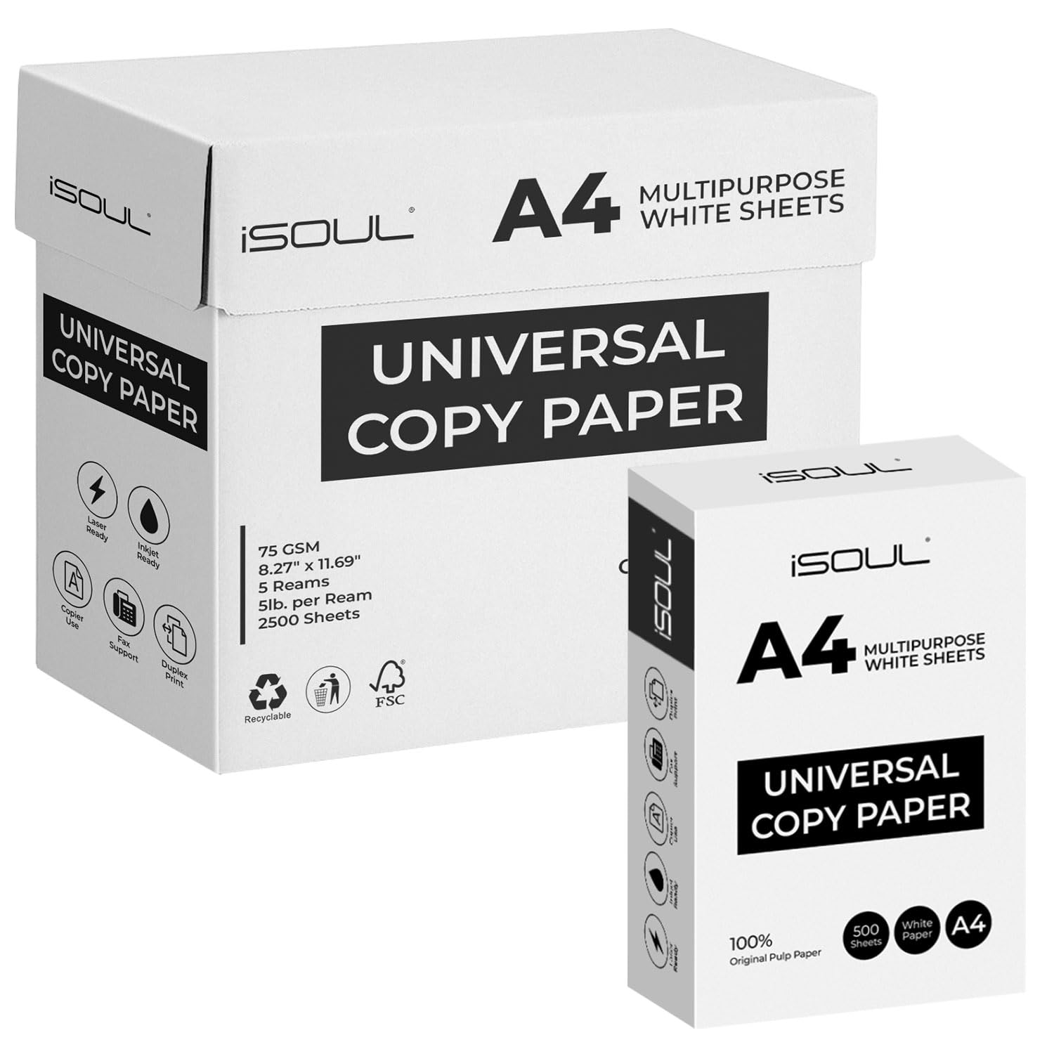 iSOUL Printer Paper, A4 Copy Paper, Printer Paper, Printer Copiers Paper, Compatible with Laser, Inkjet, Fax Paper, Perfect for Home & Office Use, White 2500 Sheets Count