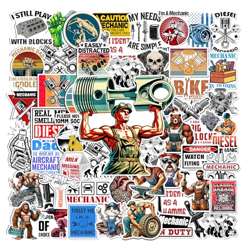 VICATA 50 Pcs Mechanic Vinyl Sticker Waterproof Hard Hat Sticker Funny Technician Decals Tablet Water Bottle Laptop Helmet Bike Car Window Guitar Tool Box Gifts for Men Workers Coworkers Adults