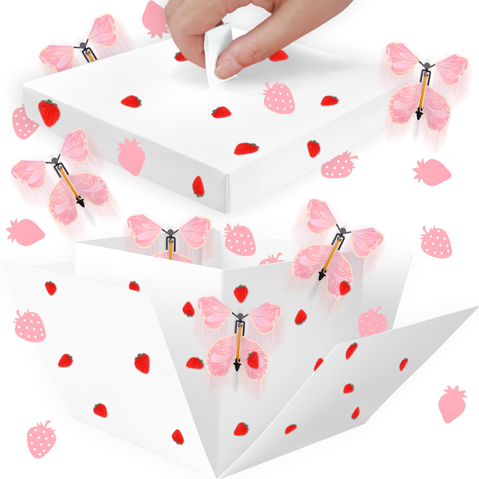 3D Strawberry Butterfly Explosion Gift Box, Pop Out Unique Strawberry Exploding Surprise Box with 3D Strawberry Ornament for Strawberry Birthday Wedding Party Decorations
