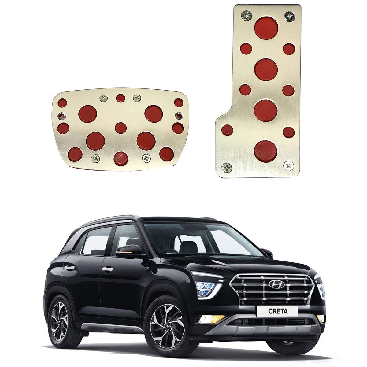 Oshotto 2 Pcs Non-Slip Automatic Transmission CS-04 Car Pedals Kit Pad Covers Set Compatible with Hyundai Creta (Red, Chrome)