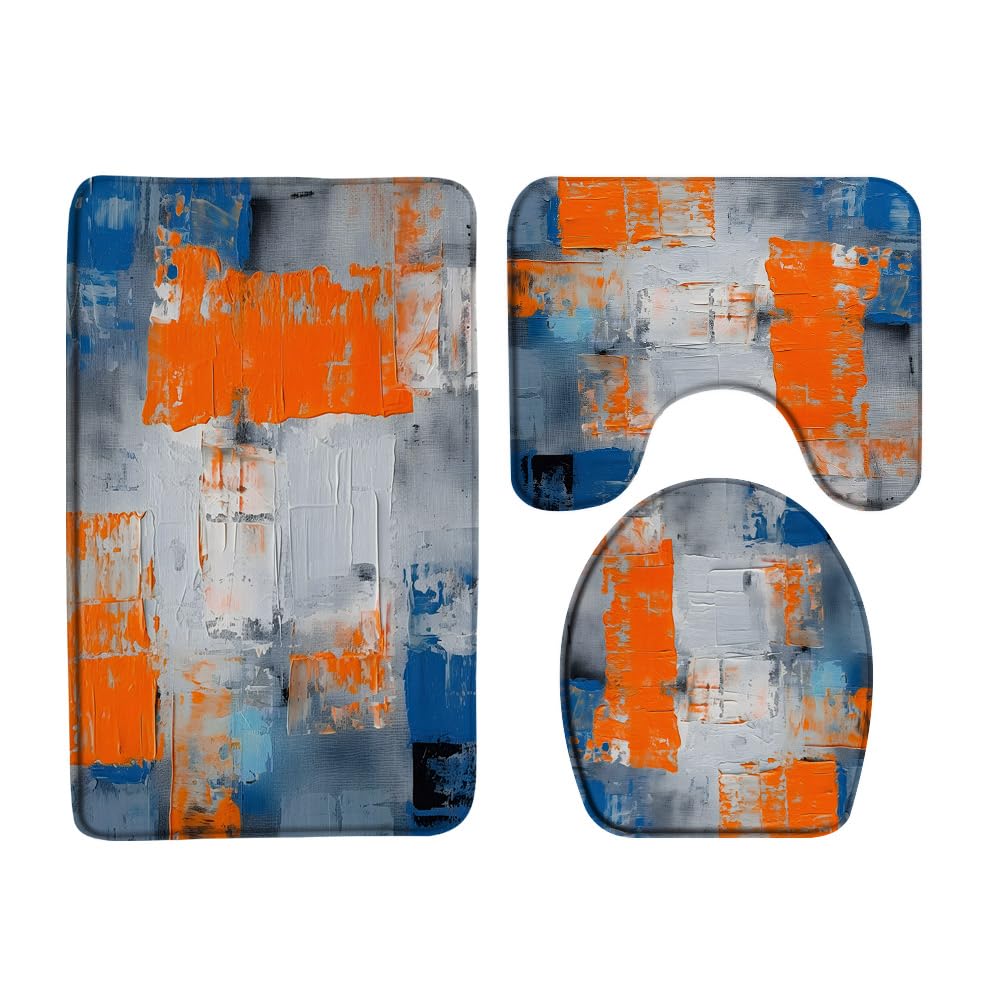 ZNLSU 3 Piece Blue Gray Orange Bath Mat Burnt Blue Orange and Gray Abstract Brushstrokes Painting Modern Art Bathroom Rug Sets,24"x36"Bath Mat,Toilet