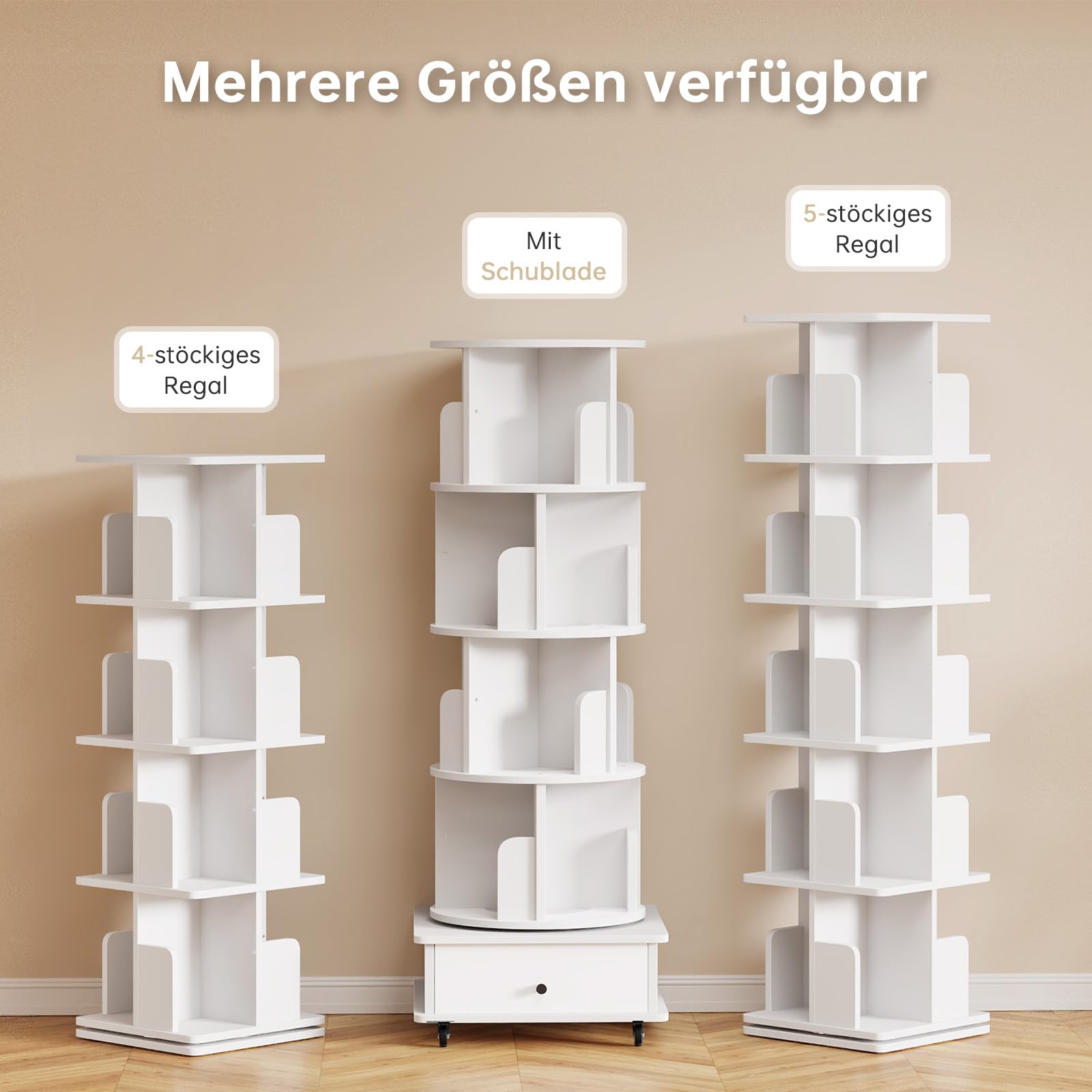 Drehbares Bücherregal 360° Frei, Bücherregal Drehbar Weiß, Bücherregal Kinder, für Wohnzimmer, Arbeitszimmer, Büro, als Raumteiler, 5 Ebenen