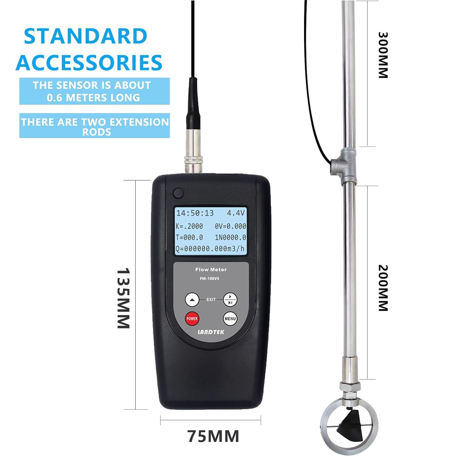 FM-100V5 Portable Flow Rate Meter Water Velocity Tester Flow Meter Speed Range 0.01-5.00 m/s