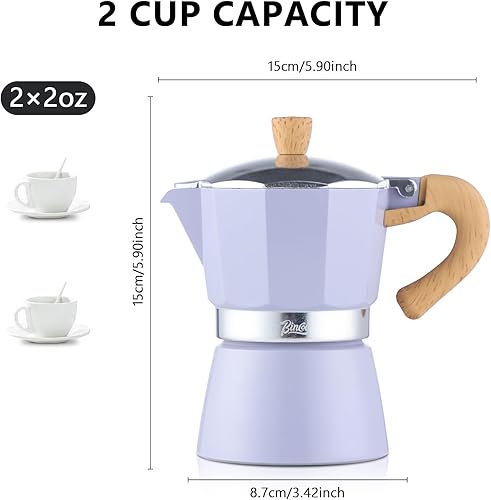 Miniatura 6 de Bincoo Cafetera de café expreso, 2 tazas para estufa de gas o cerámica eléctrica, cafetera italiana para café con leche capuchino, cafetera cubana,