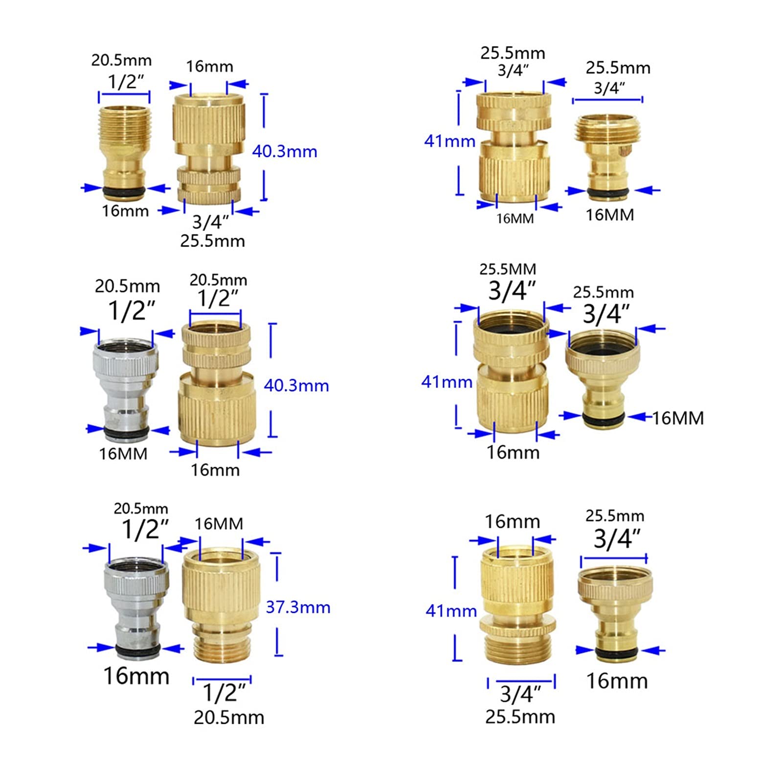 Utility Hose Butt Hose Connector Adapter 8Pcs/Set of Quick Coupling Replacement Brass 3/4 1/2 inch Durable Threaded Coupling Adapter for Water Pipe Garden Hose/White