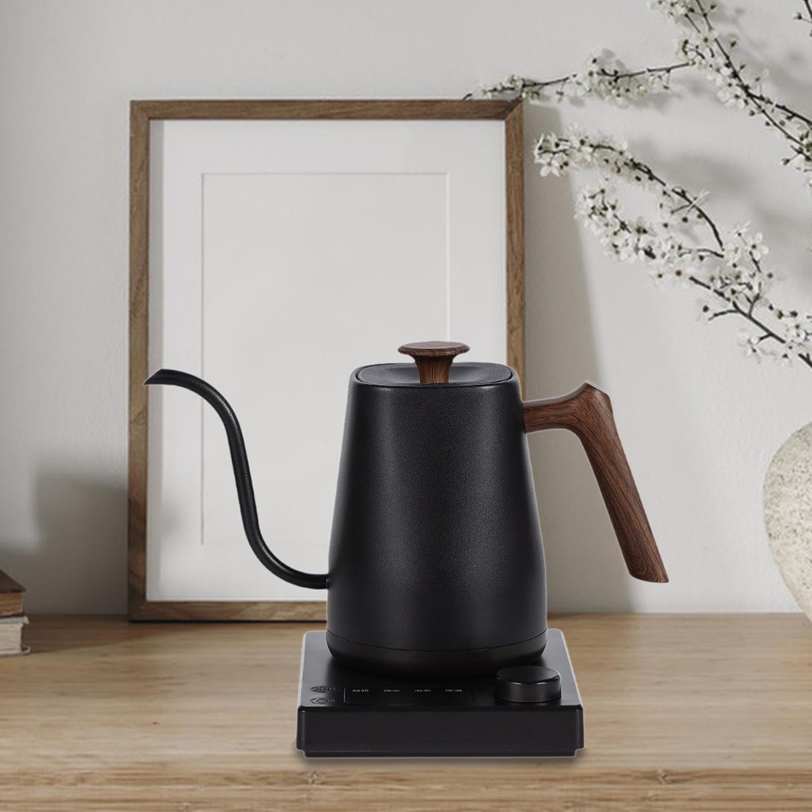Hervidor Eléctrico, Tetera, Cafetera, Fabricado en Acero Inoxidable 304 con Mango Antideslizante W de Potencia para Bebidas Calientes en Cualqu, Veta de Madera Negra, Individual