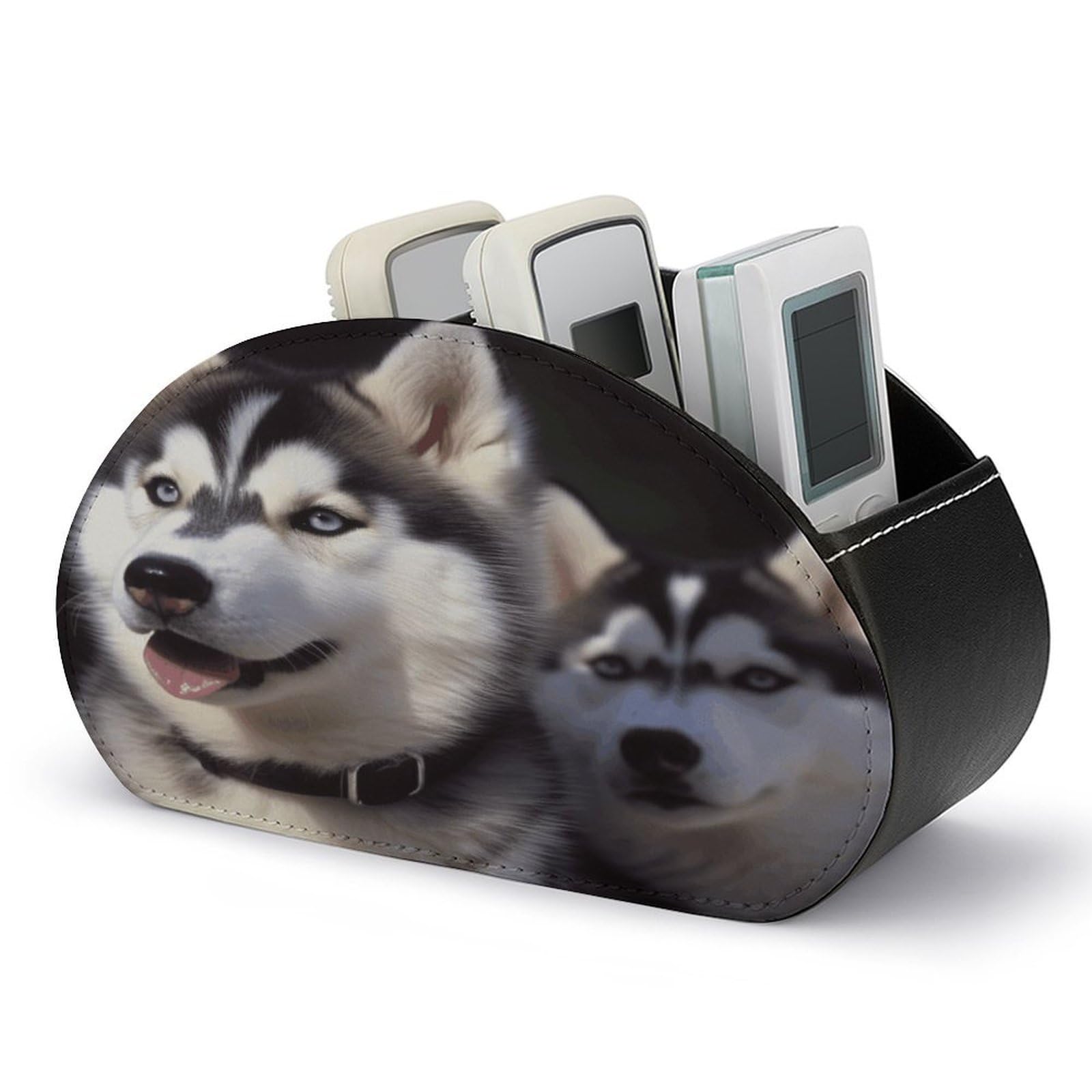 VstaDank Husky Dog Remote Control Holder with 5 Compartments PU Leather Remote Caddy Desktop Organizer Store TV Remote Control Storage Box for Home Office Desk Nightstand