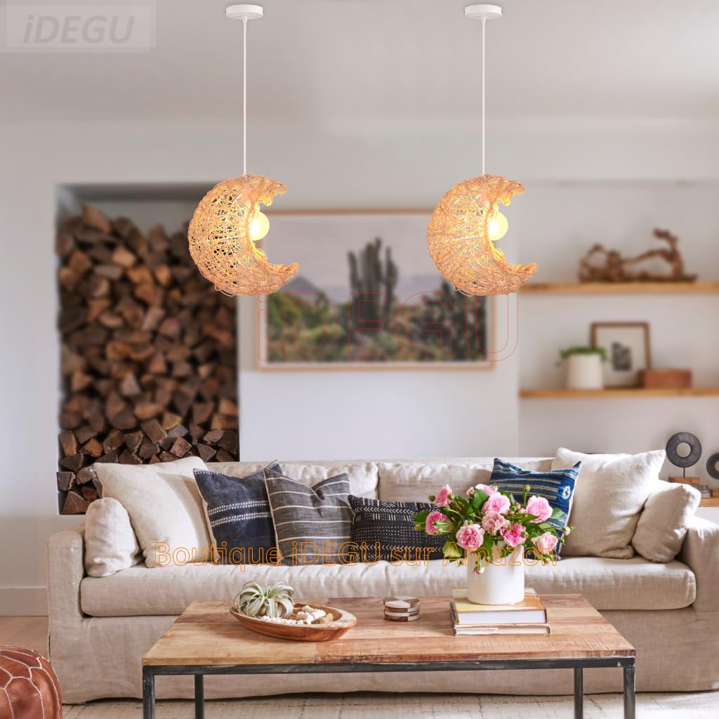 iDEGU - Lámpara de Techo Retro y Moderna de Ratán y Madera, Estilo Vintage E27 Para Habitación Infantil, Salón, Cafetería