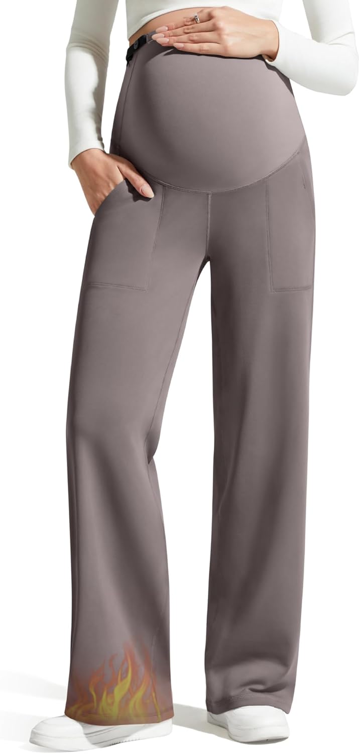 G4Free EverGoing Fleece Lined Maternity Wide Leg Pants Over The Belly Pregnancy Trousers with Pockets
