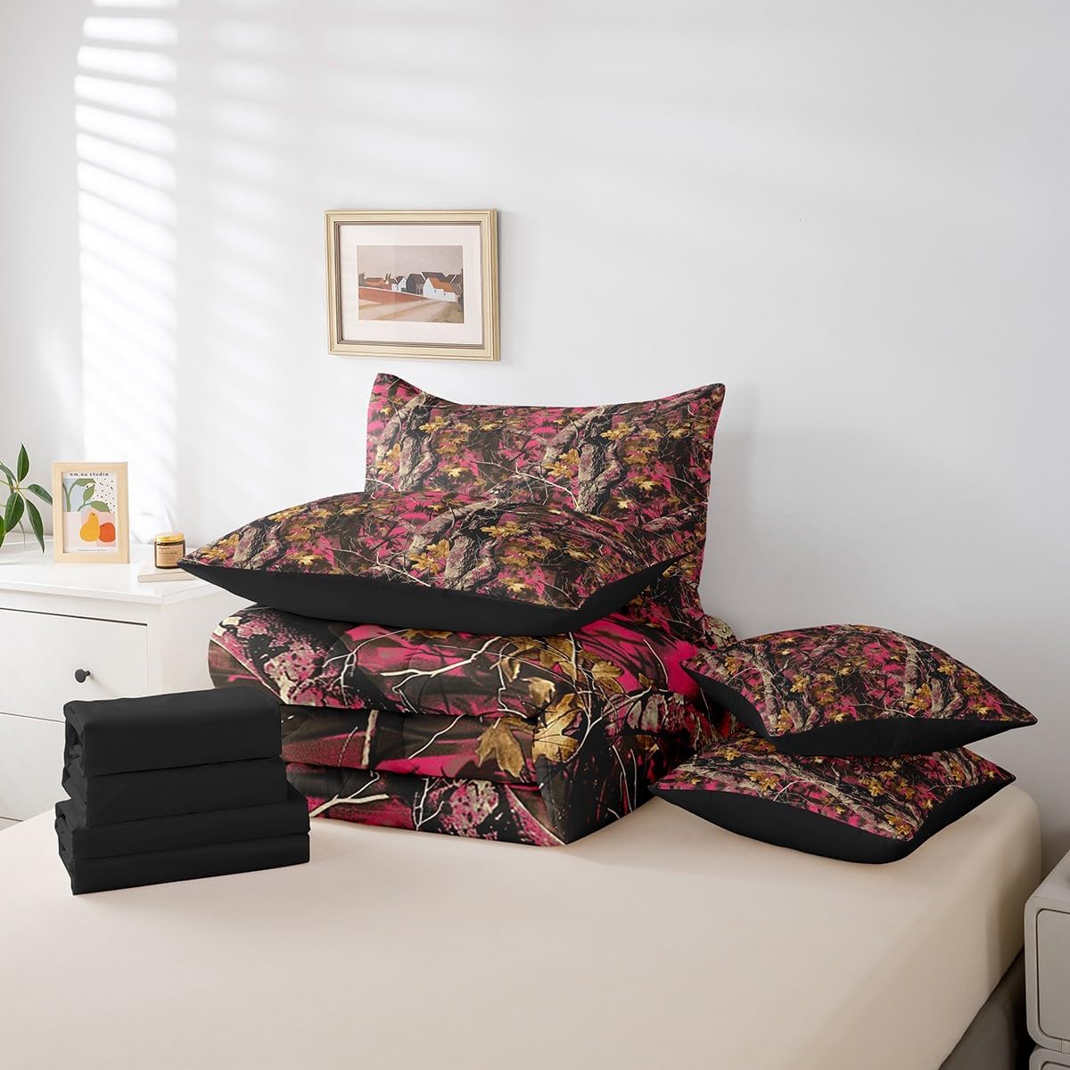 Feelyou Woods Pink Camouflage 7 Pieces Bedding Set, King Size Camo Print Bedding Bed in a Bag with Comforter, Sheets, Pillowcases Set Decor Cabin Rustic Bed Set Farmhouse Bedroom Decor