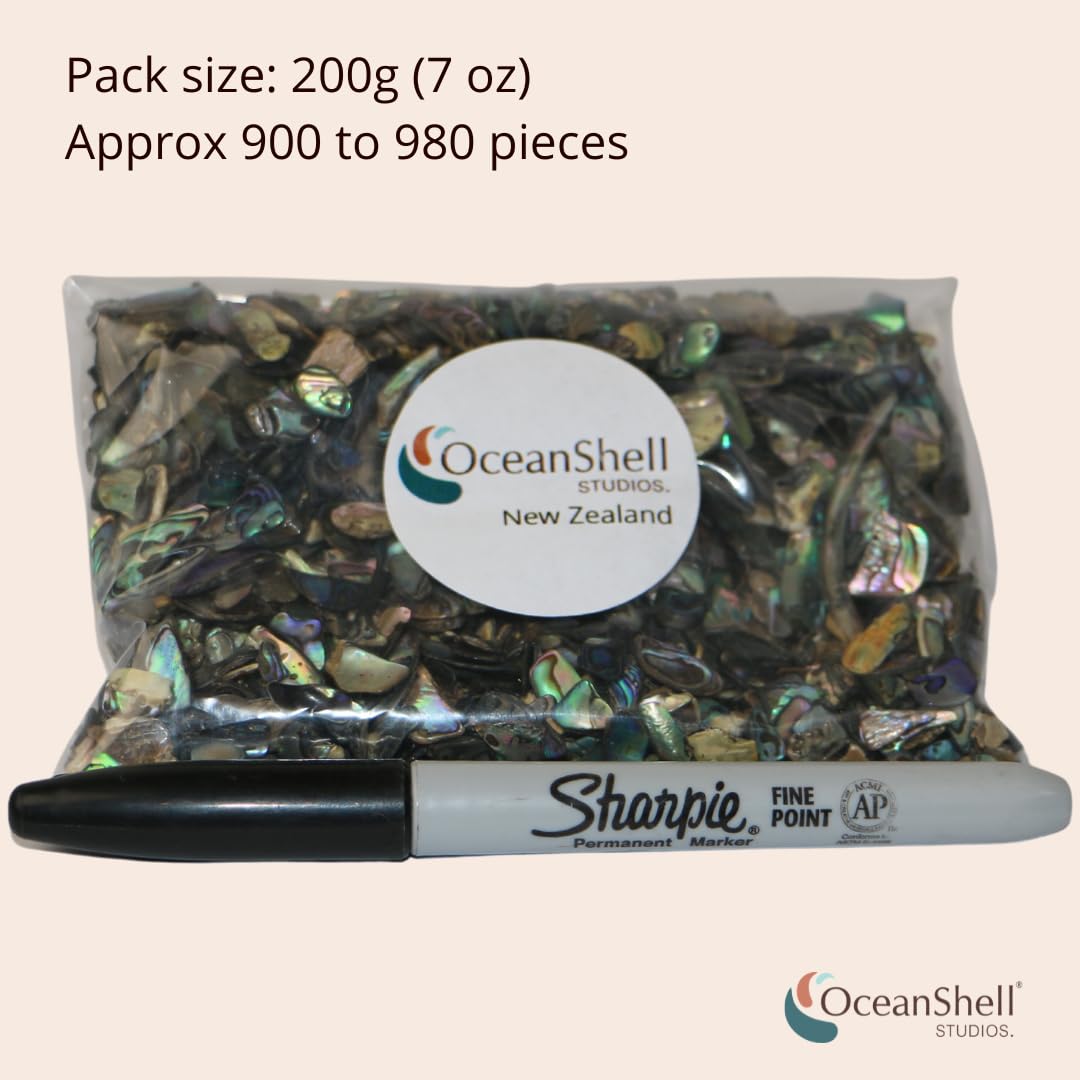 PAUA (Abalone) elementy muszli satyna na imprezę tematyczną na plaży, dekoracje ślubne, rękodzieło DIY, dekoracje domowe, materiały do akwarium (końcówki X-Fines 200 gm)