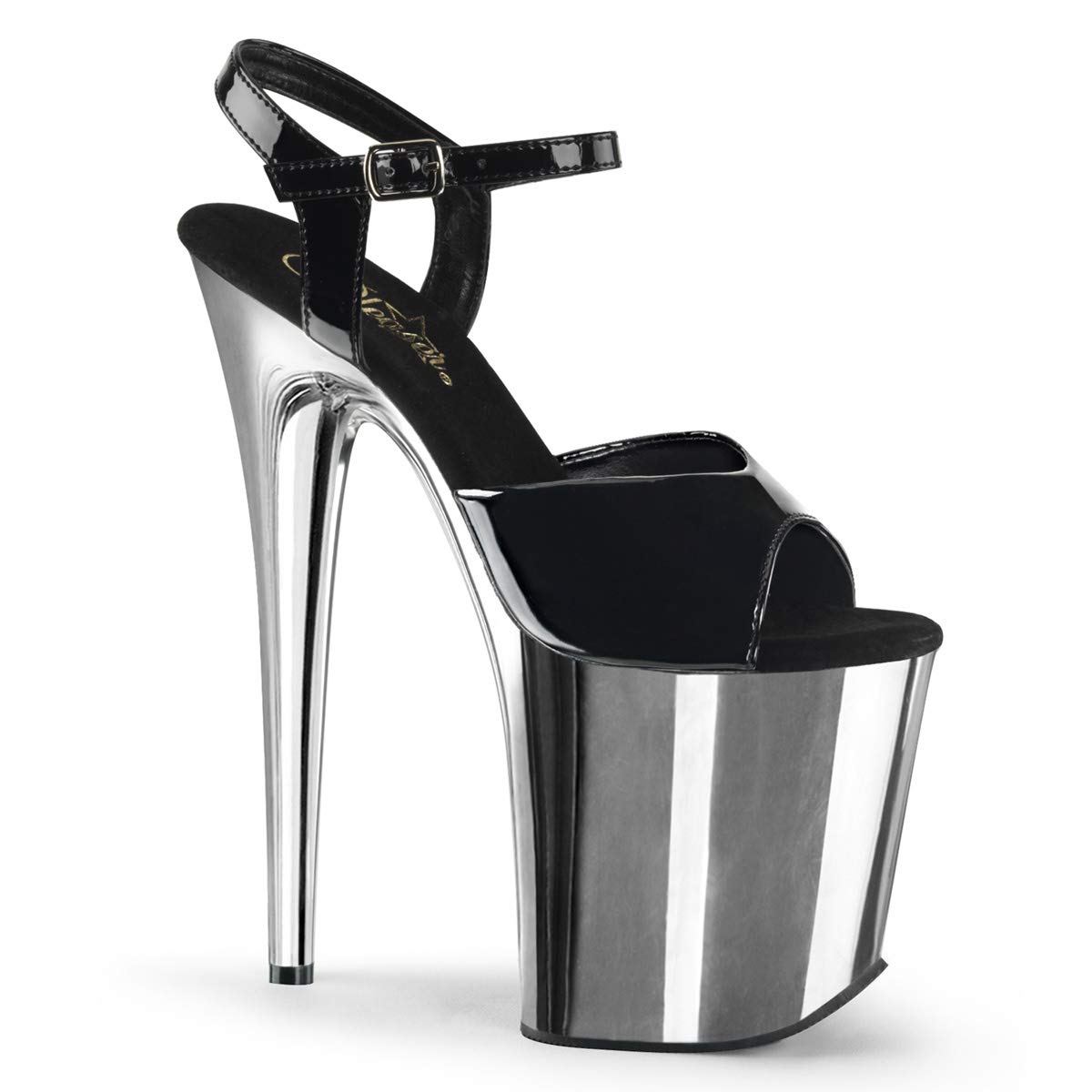 Pleaser Women's Flamingo-809 Ankle-Strap Sandal: 8 Black Patent/Silver Chrome